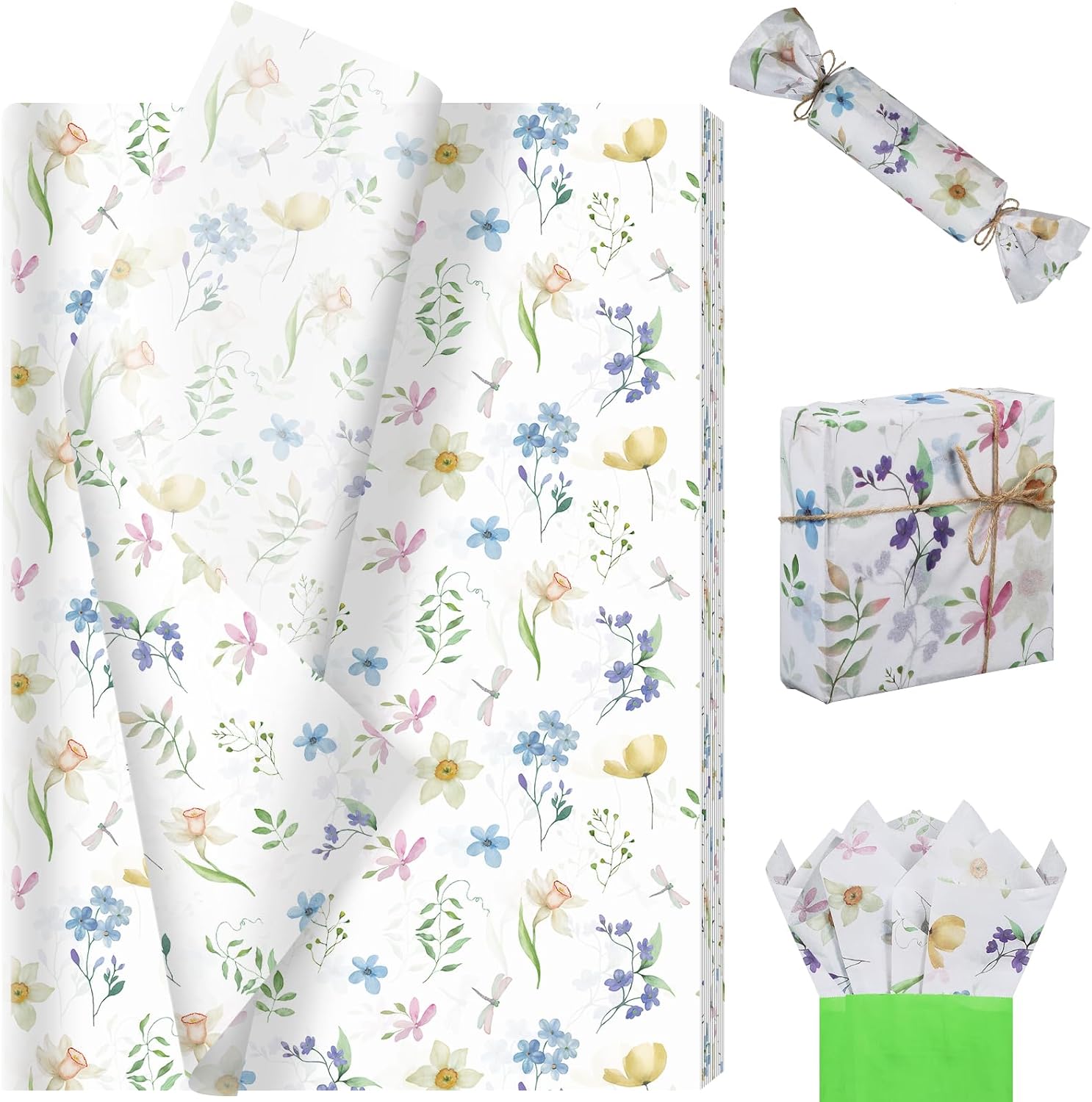 Ywdbzjhs 100 Sheets Floral Tissue Paper Colorful Wildflower Tissue for Gift Bags Watercolor Floral Printed Gift Wrapping Paper for Spring Wedding Art Craft Birthday Baby Shower Supplies, 20 x 14 Inch