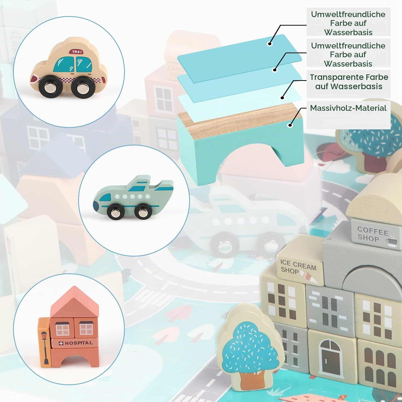 Jacootoys Holzbausteine ​​Kinder 133 Stück Stadtbau Konstruktionsspielzeug Alphabet Nummer Bauklötze im Baumwollbeutel Jungen Mädchen ab 3 Jahre