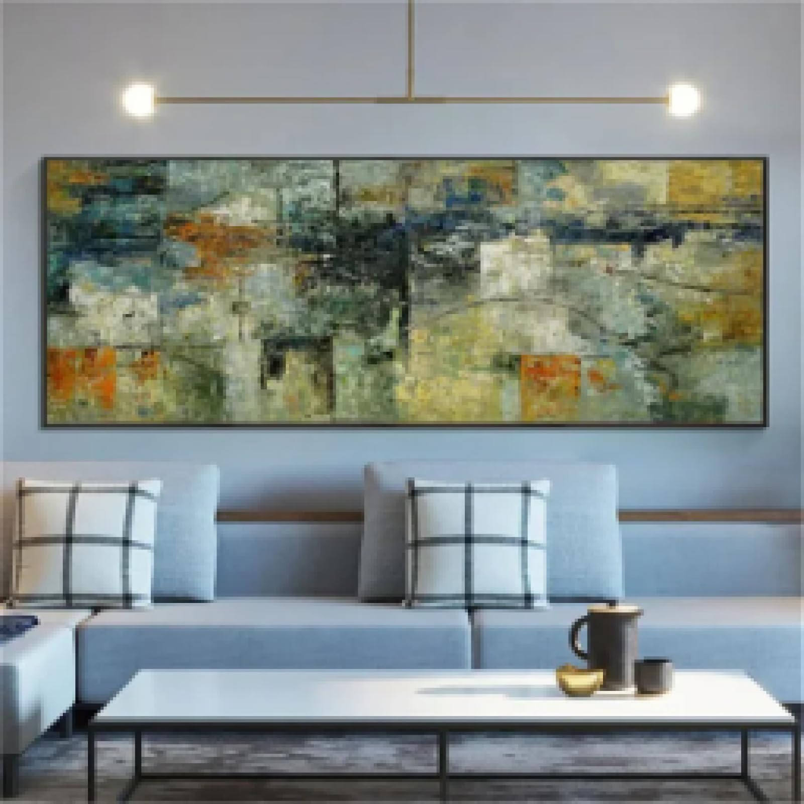 ZHMANLUCK Żółto-szara sztuka na płótnie do salonu dekoracja sztuka ścienna farba nowoczesny plakat do wystroju biura domowego 70 x 140 cm z czarną ramką
