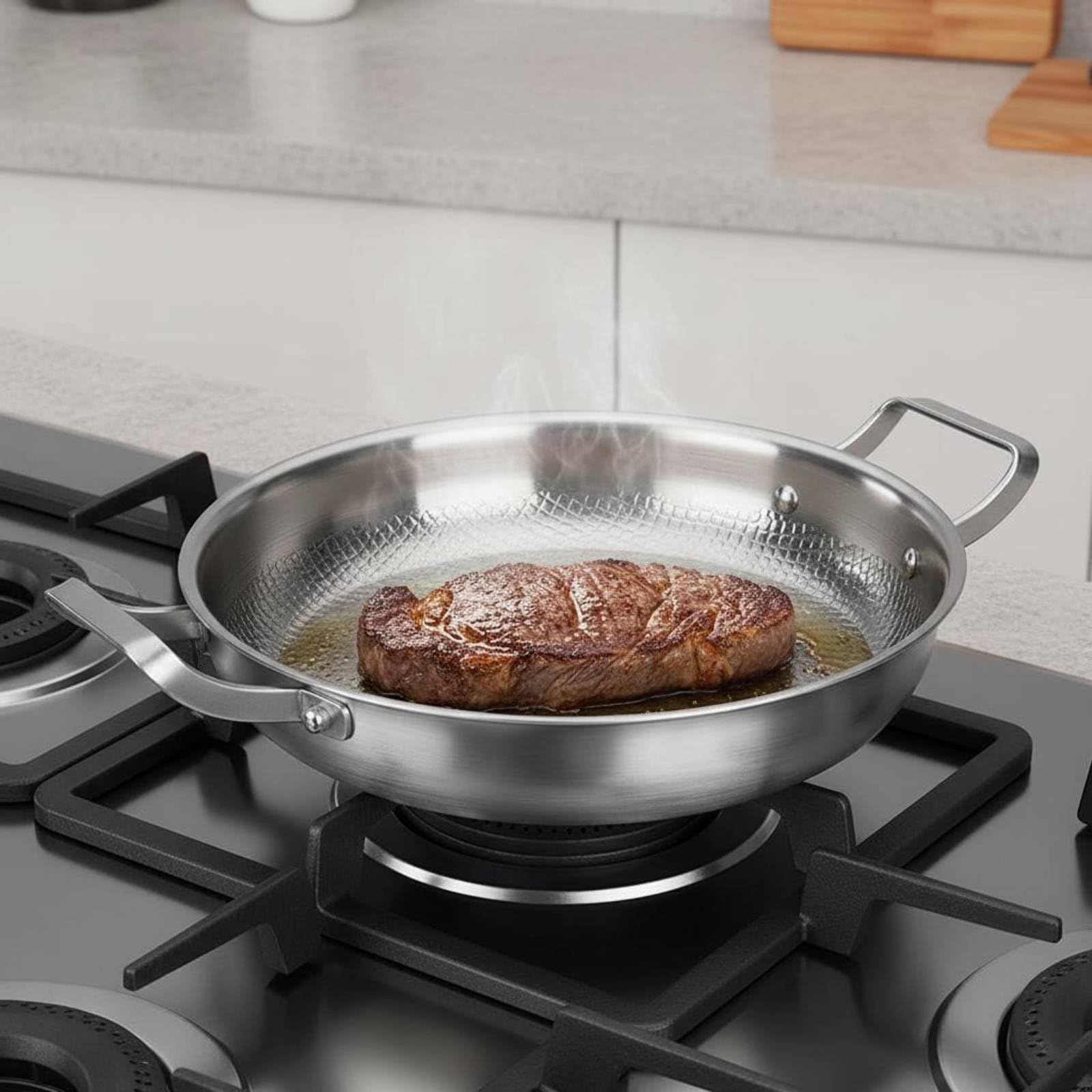 Qianly Titanium-Bratpfanne mit zwei Griffen ohne chemische Beschichtung Titanpfanne unbeschichtet unbeschichtete Wabenpfanne, 30CM