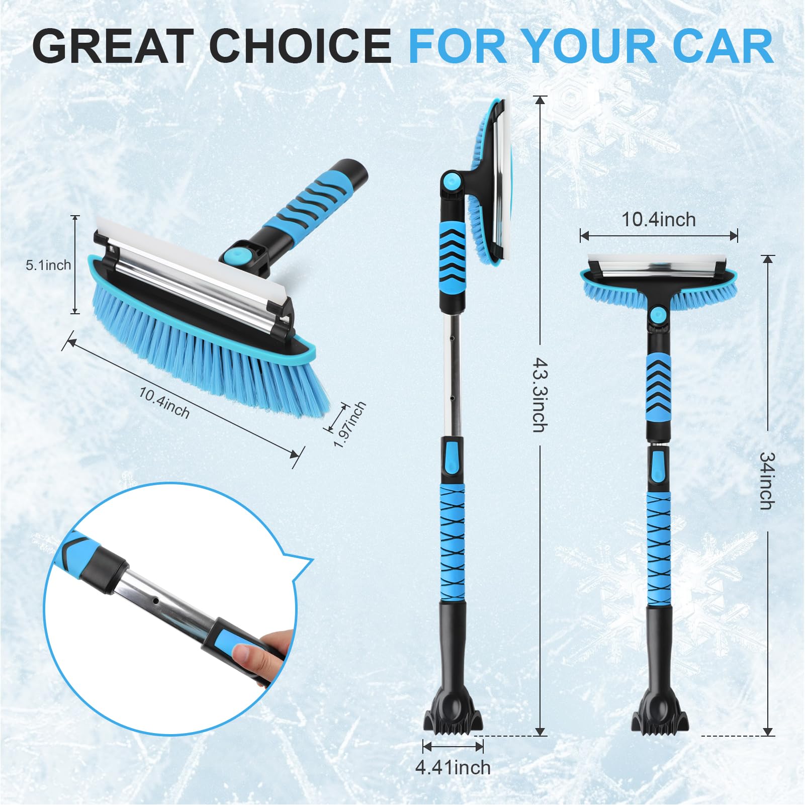 Rascador de hielo para parabrisas de coche, cepillo para nieve de 43 pulgadas, rascador de nieve desmontable 3 en 1 con escobilla de goma, cabezal de cepillo giratorio de 180°, agarre de