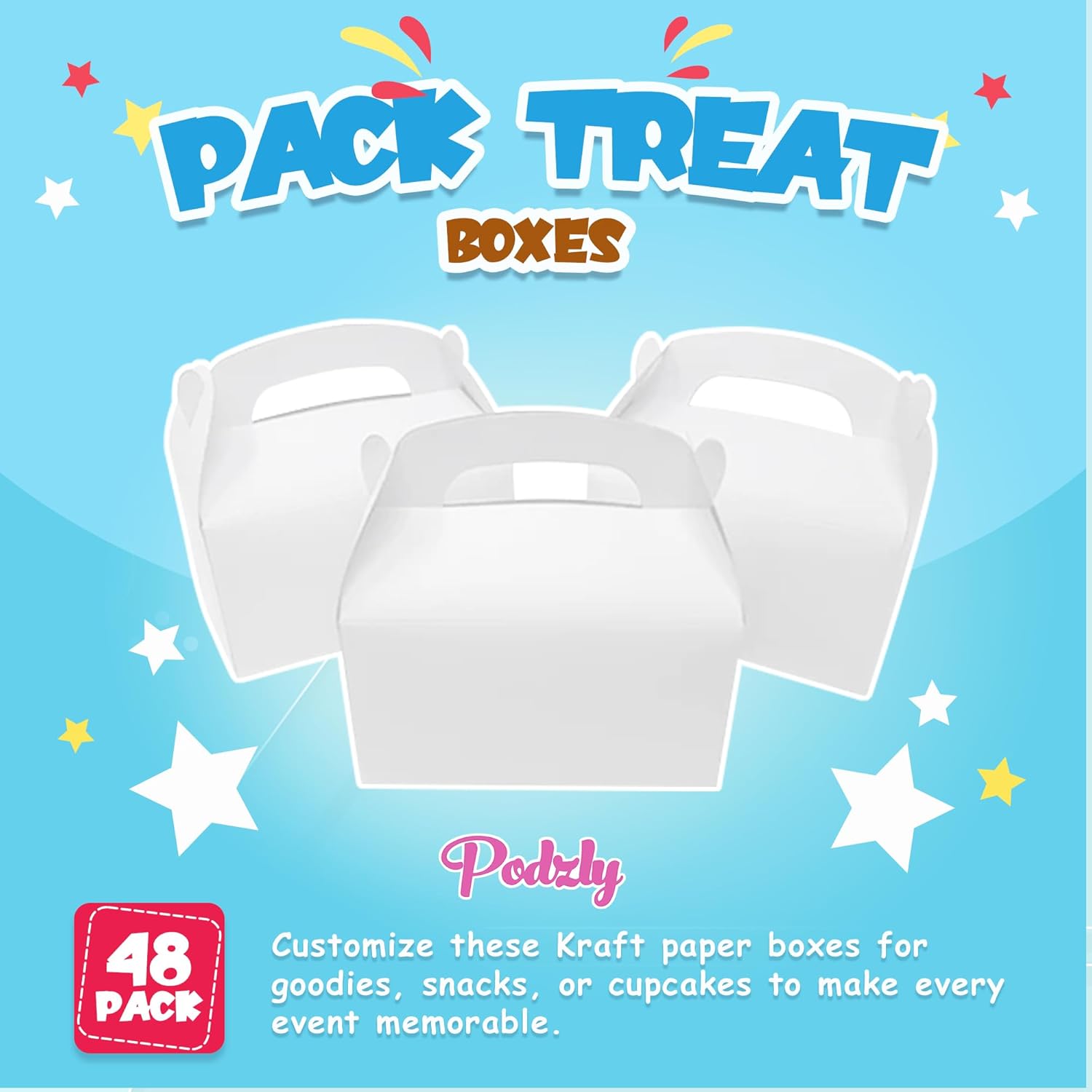 Podzly 48 Pack Treat Boxes with Handles - DIY Gable Boxes for Kids Birthday, Wedding, Baby Shower - Customizable Arts & Crafts Party Favor Boxes for Goodies, Snacks, Cupcakes - Kraft Paper, White…