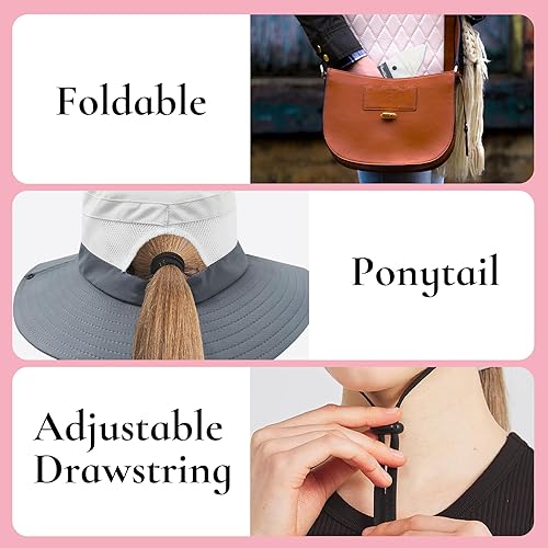 Miniatura 6 de NPQQUAN Ponytail Sun Bucket Hats for Women Men Wide Brim UPF 50+ Fishing & Beach Hats
