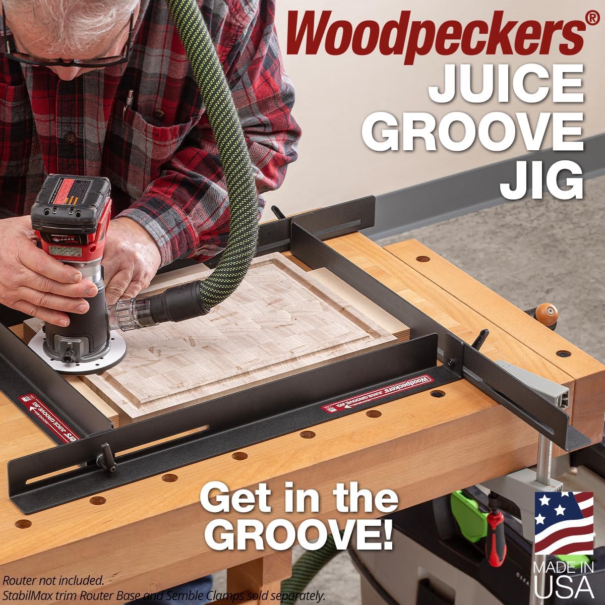 Woodpeckers Juice Groove Jig – Adjustable Router Jig for Cutting Board Juice Grooves, Fits 10-1/4" to 18-3/4" Boards, Powder-Coated Steel Rail Design – Made in USA JGJ