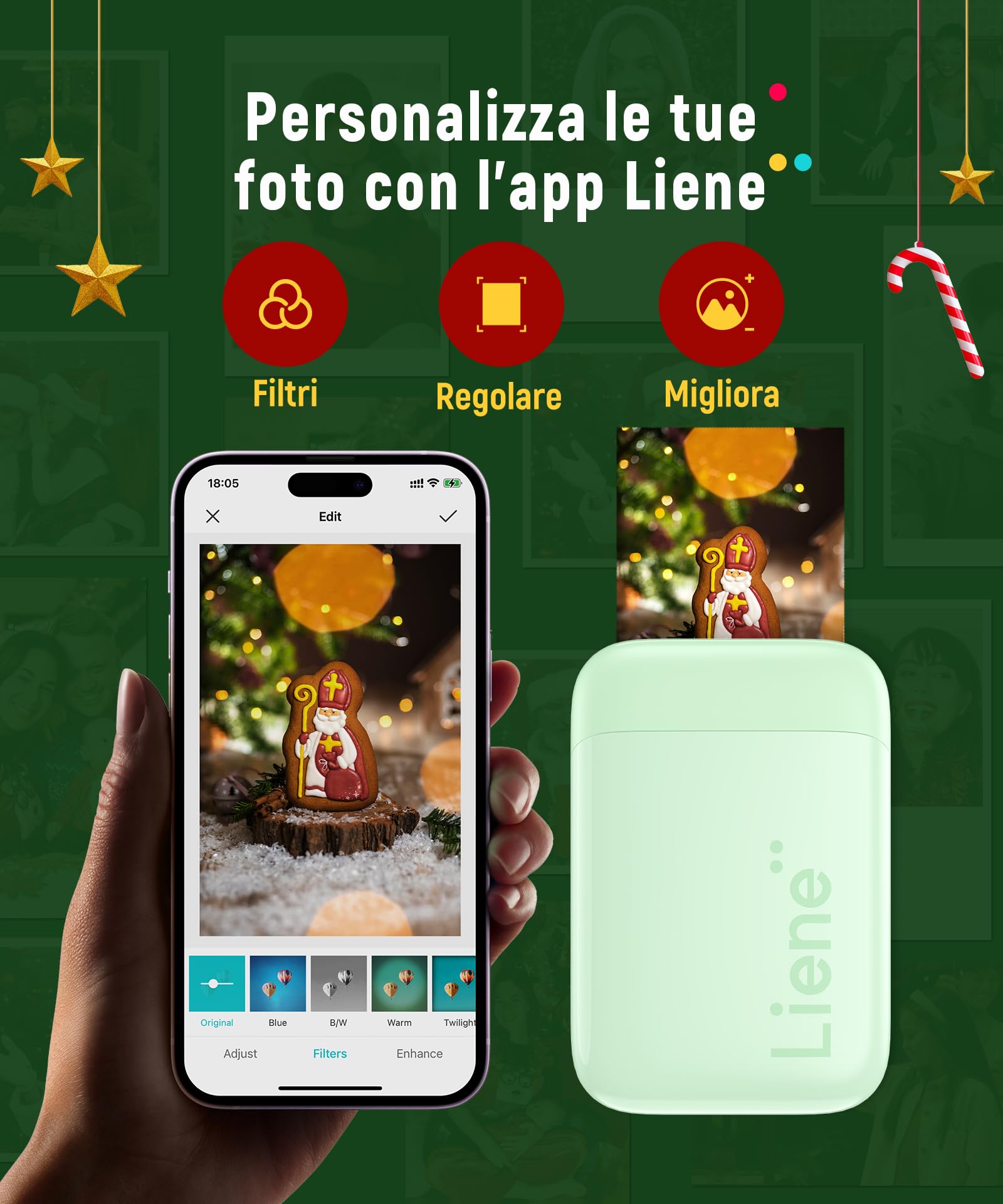 Liene Pearl K100 Stampante Portatile, 2x3 Stampante Fotografica Istantanea con 50 Fogli di Zink Carta Fotografica Adesiva, Connessione Bluetooth, APP Dedicata, Mini Stampante per iOS & Android, Verde