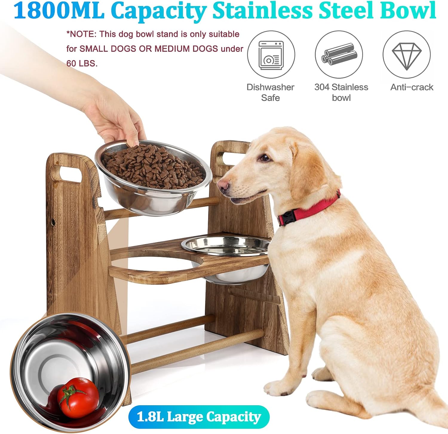 Emfogo Elevated Dog Bowls for Large Dogs, Solid Wood Dog Bowl Stand for Medium Dogs, Adjustable Elevated 3 Heights 5in 9in 13in Raised Dog Bowl Feeder (Carbonized Brown)