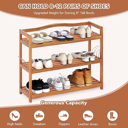 Miniatura 7 de Giantex Zapatero de 3 niveles, zapatero de madera de acacia con ganchos laterales de metal, capacidad para 12-18 pares, organizador de zapatos,