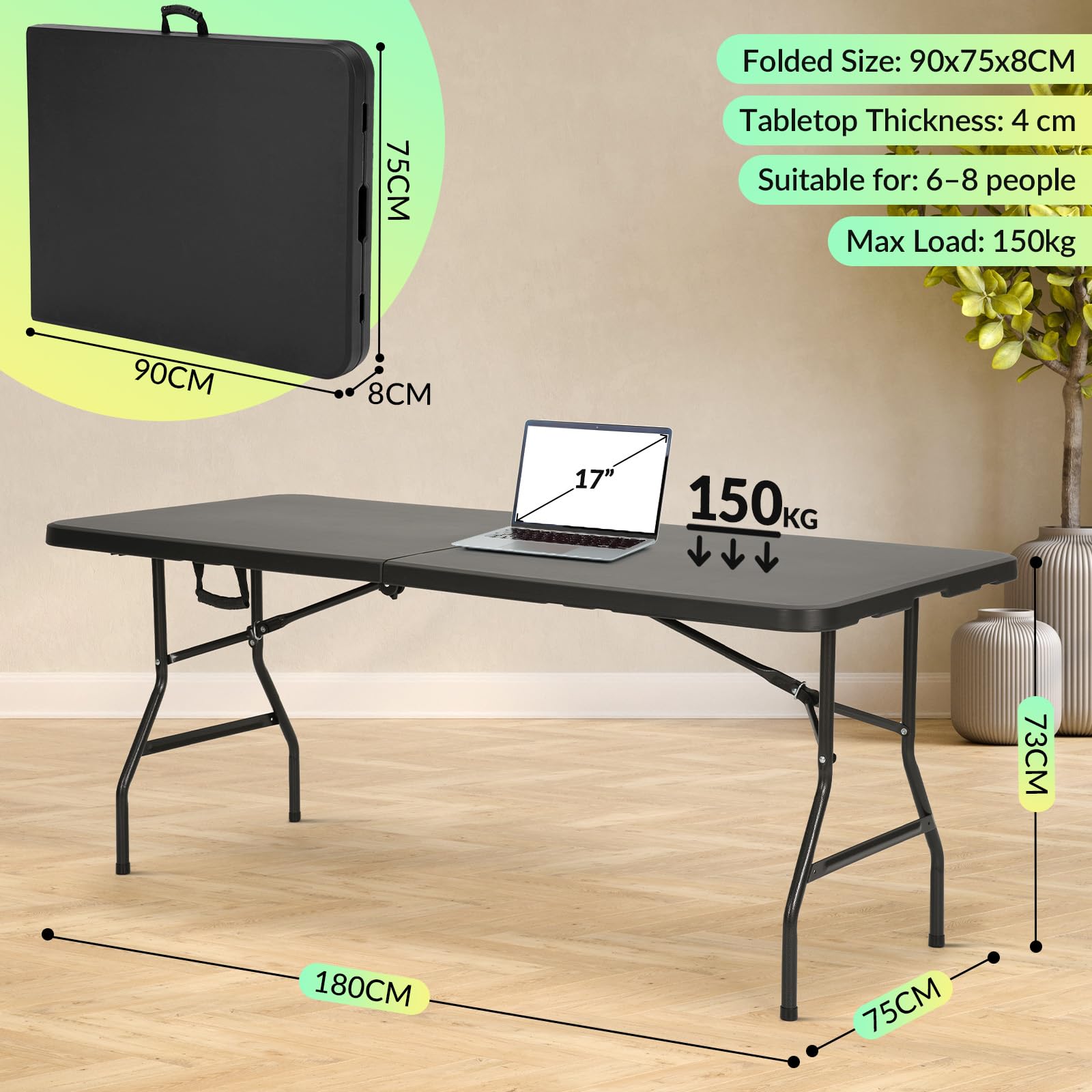Velway Tavolo Pieghevole da Esterno 180x75x73cm - Portatile Tavolo Pieghevole Campeggio per 6-8 Persone con Maniglia e Blocco di Sicurezza Salvaspazio per Giardino, Feste Buffet, Mercatini - Nero