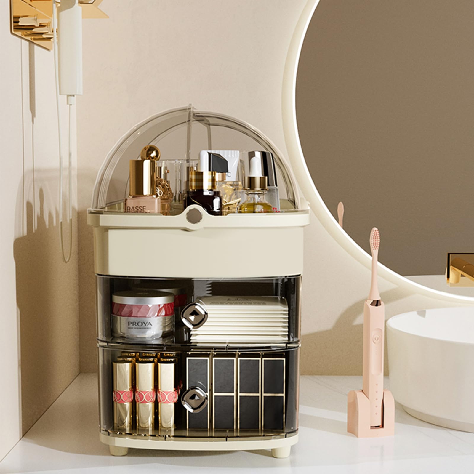 RMAN Organizador Cosméticos con Cajones y Tapa | Gran Capacidad, Multifuncional, A Prueba de Agua y Polvo, Para Baño, Tocador, Dormitorio