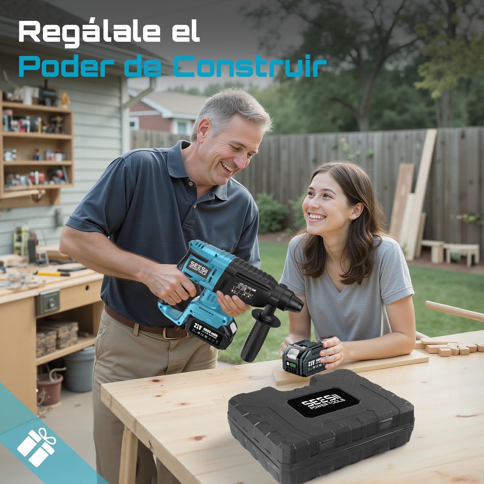 Seesii 3-in-1 Martillo Perforador a Baterías: 2,5J Potente Martillo Percutor sin cable con Motor sin escobillas, 2 * 4,0AH Baterías y Cargador, 5 piezas SDS-plus, Mango Antivibración, Para Bricolaje
