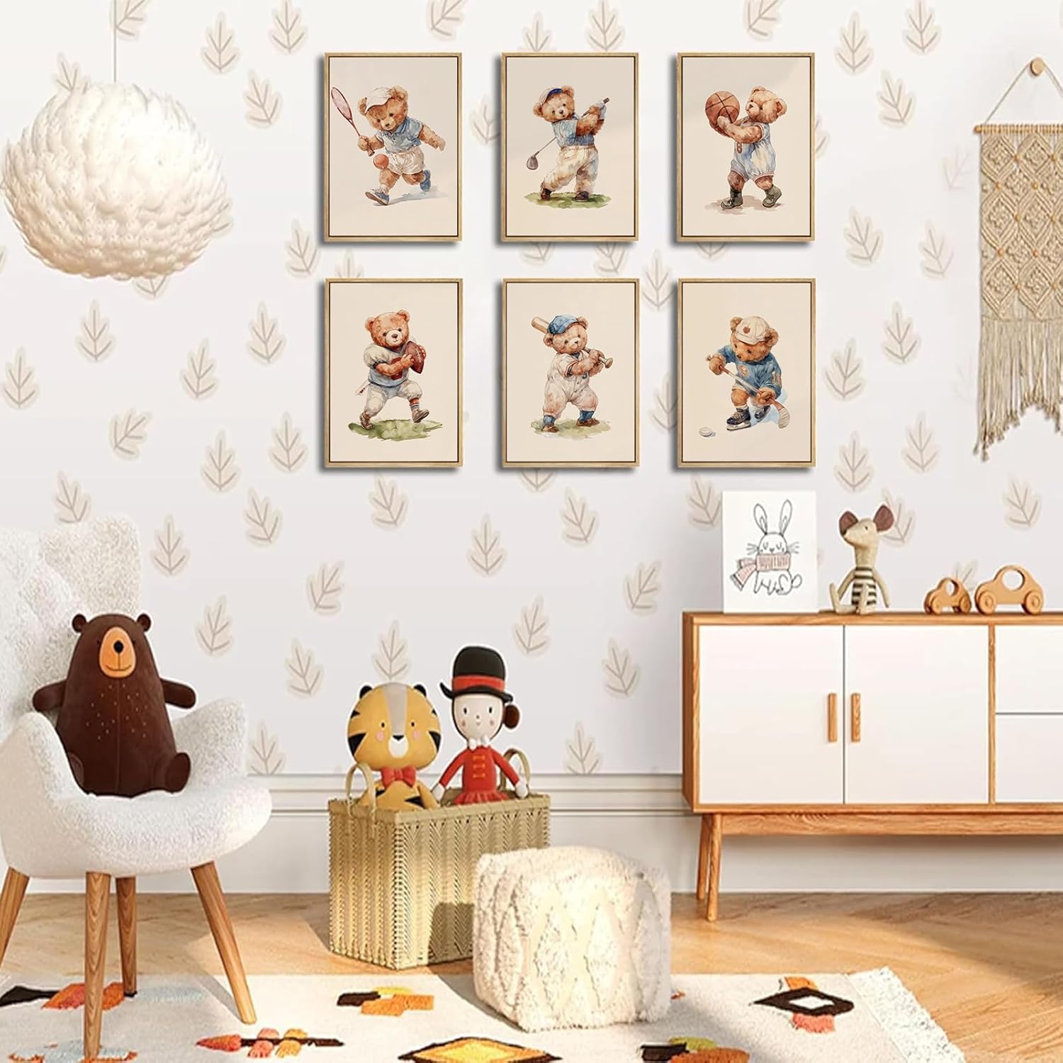 6Pcs Teddy Bear Sports Wall Art Vintage Cute Animal Wall Decor Pictures Basketball Rugby Baseball Kids Room Posters Prints for Children Bedroom Nursery Boy-Room Decoration Unframed