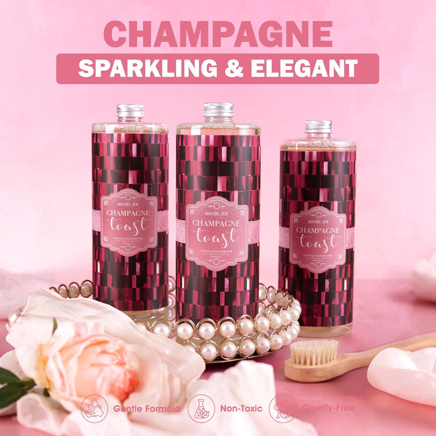 ROMIIE ZOI Foaming Hand Soap Refill Gift Set – Champagne Scent – 3 Pack (1000ML Each) with Dispenser – Gentle & Moisturizing Cruetly Free Formula – Bulk Refill Bottles for Bathroom & Kitchen Use