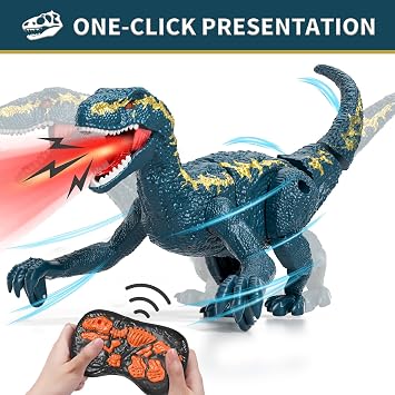 RC Realistic Velociraptor Dinosaur Toy with Lights Sounds for Boys Ages 3–8 | One-key auto demo function, lifelike walking dino playset,Christmas birthday holiday gift for toddler boys and kids 