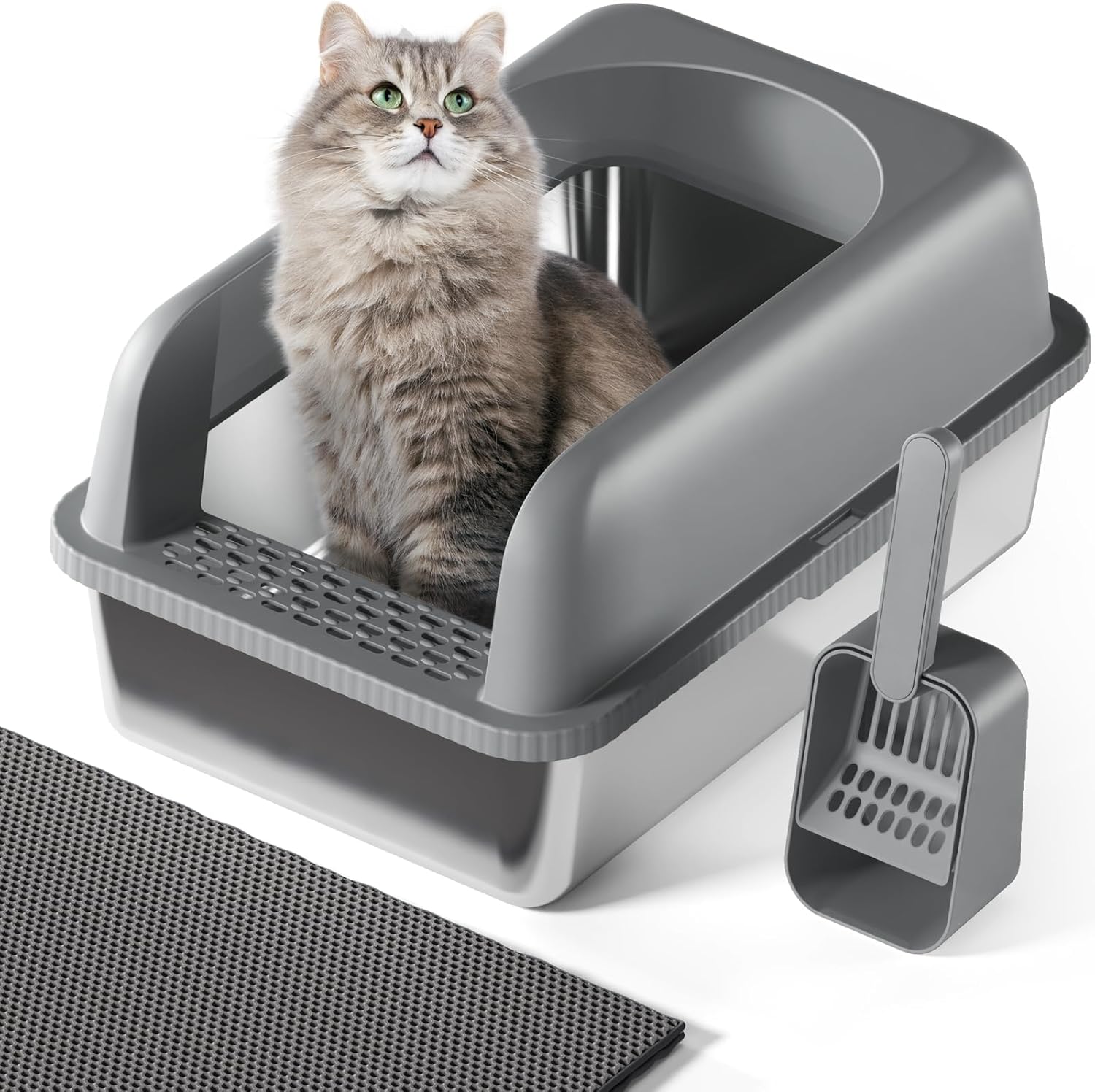 Stainless Steel Cat Litter Box with Lid, 24" L x 16" W x 11.8" H, Large Cat Litter Box for Multiple Cats with High Sided, No-Leak & Stick, Easy to Clean, Includes Litter Mat & Multi Functional Scoop Dark Gray XL?24" L x 16" W'x 11.8" H?