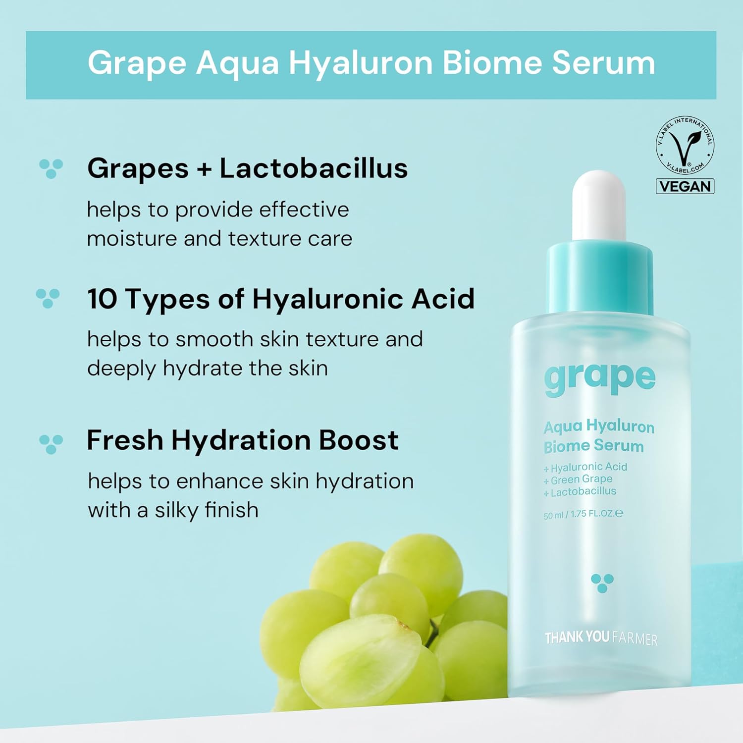 THANKYOU FARMER Grape Aqua Hyaluron Biome Serum, 10 Types Hyaluronic Acid Serum for Face, Non-Comedogenic, Dewy Soft Skin, Lactobacillus Ferment, Hydrating Korean Serum for Face 1.75 fl.oz 50ml - Image 2