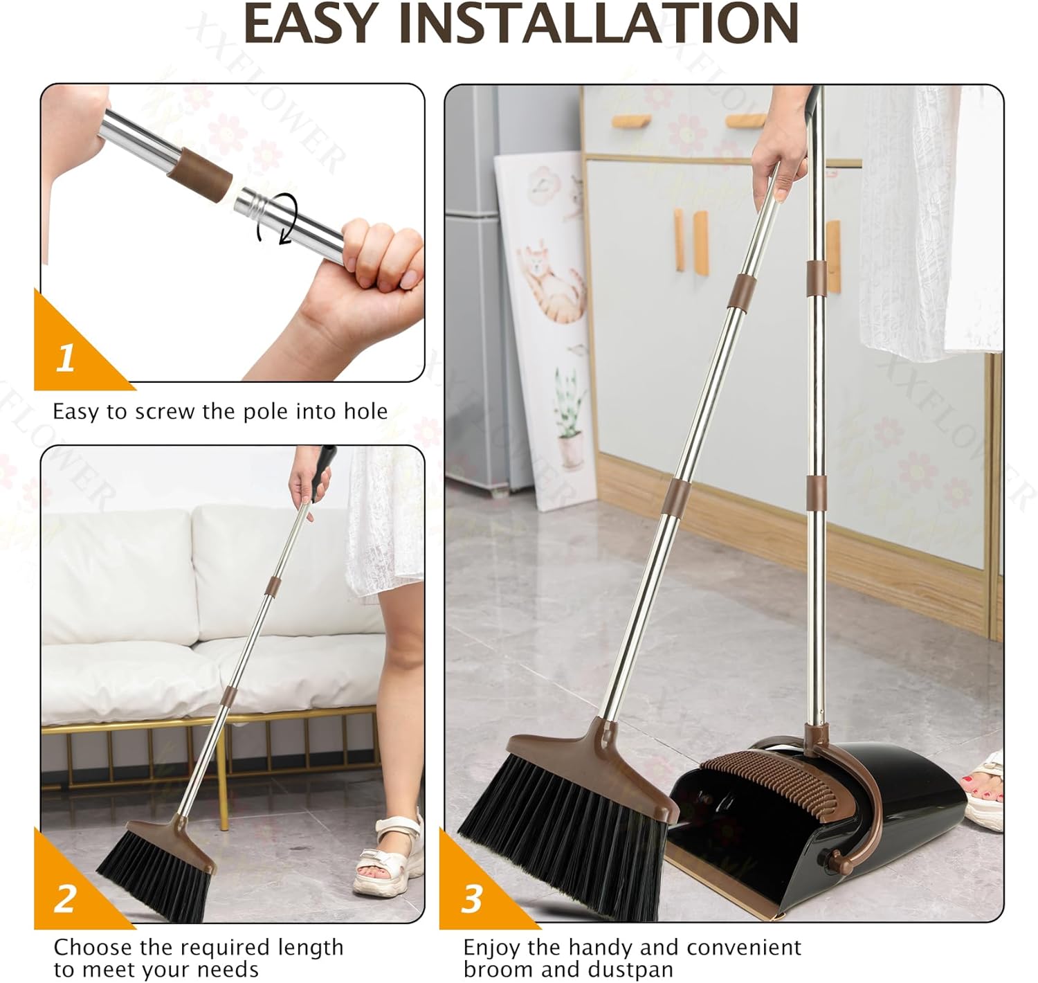 Broom and Dustpan Set with Long Handle, Light Weight Stainless Steel Poles Stand Upright Dustpans with Broom Combo for Home Kitchen Office Pet Dog Hair, 1-Pack (Black Brown) - Image 6