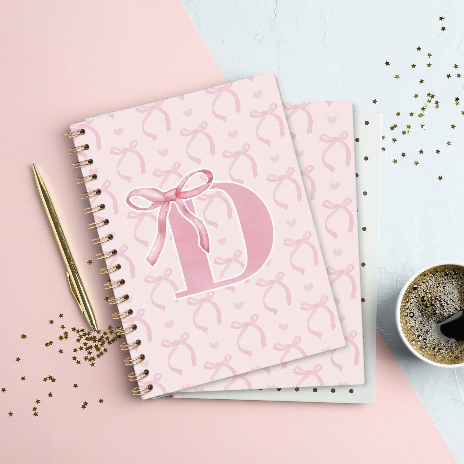 Coquette Preppy Pink Bow Spiral Notebook, Initial D Journal Personalized Teen Girl Gifts, Trendy Personalized Gifts for Women Teen Girl, Funky Girly Style Hardcover Spiral Notebook 5.5x8.3 - Image 2