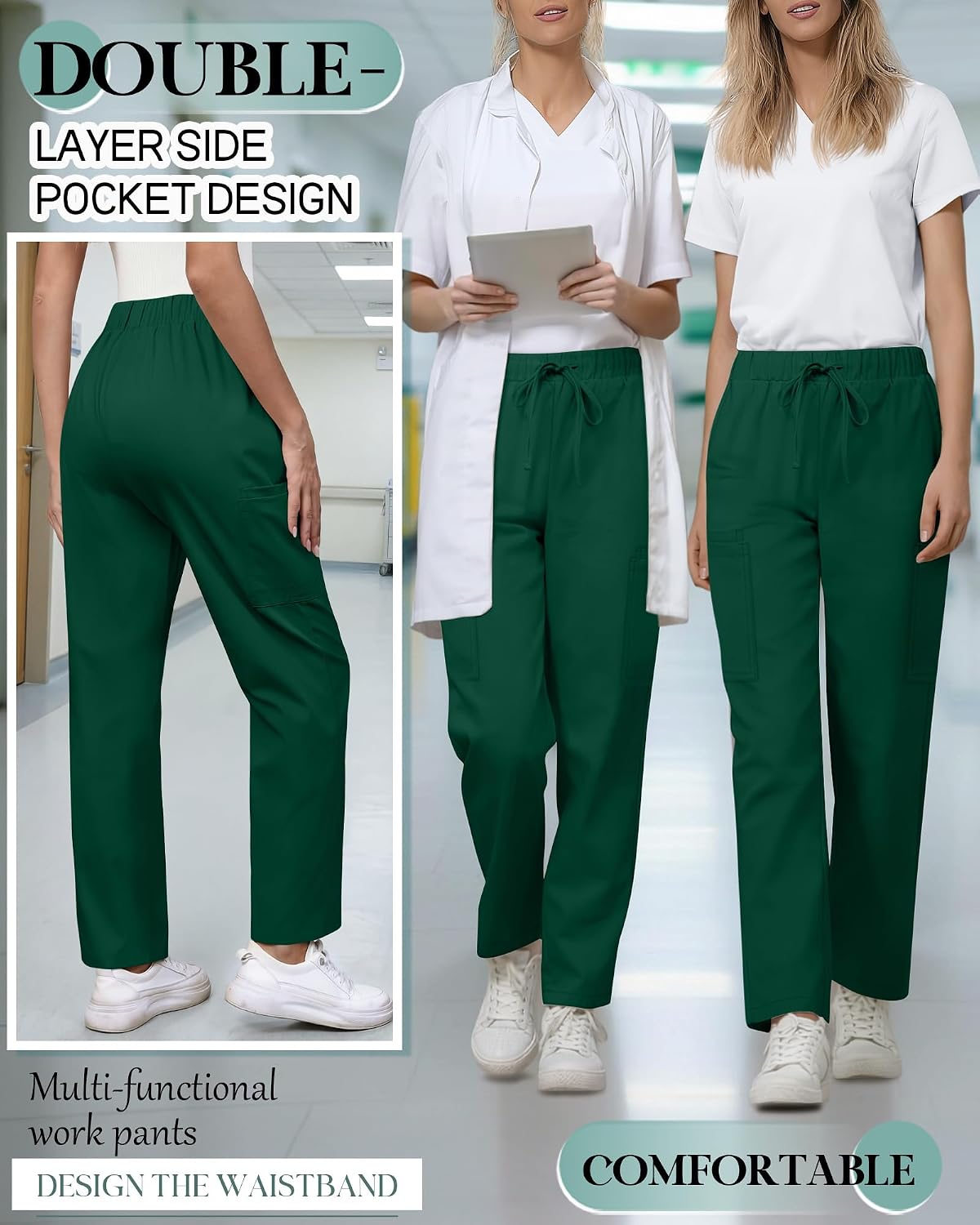 Women's Scrub Pants Lightweight Wide Leg Cargo Scrub Pants with 6 Pockets Nurse Drawstring Pull on Bottoms