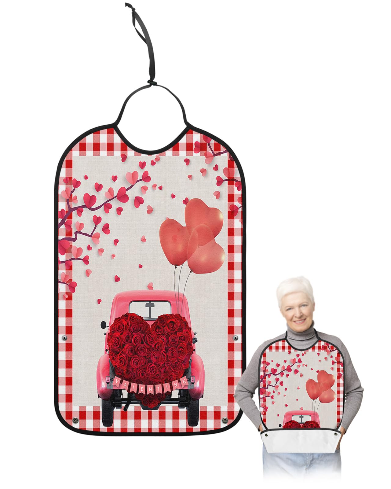 Valentine Roses Truck Adult Bibs for Eating, Waterproof Bibs with Food Catcher & Adjustable Snap Closure, Red White Plaid Love Heart Tree Washable Clothing Protectors Adult Bibs for Elderly Women/Men