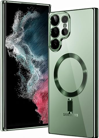 Magnetic Glossy Case for Samsung Galaxy S22 Ultra,S22 Ultra Phone Case Slim Clear Luxury with Camera Protector [Compatible with MagSafe], Shockproof TPU Cover for Samsung S22 Ultra Cases-Green