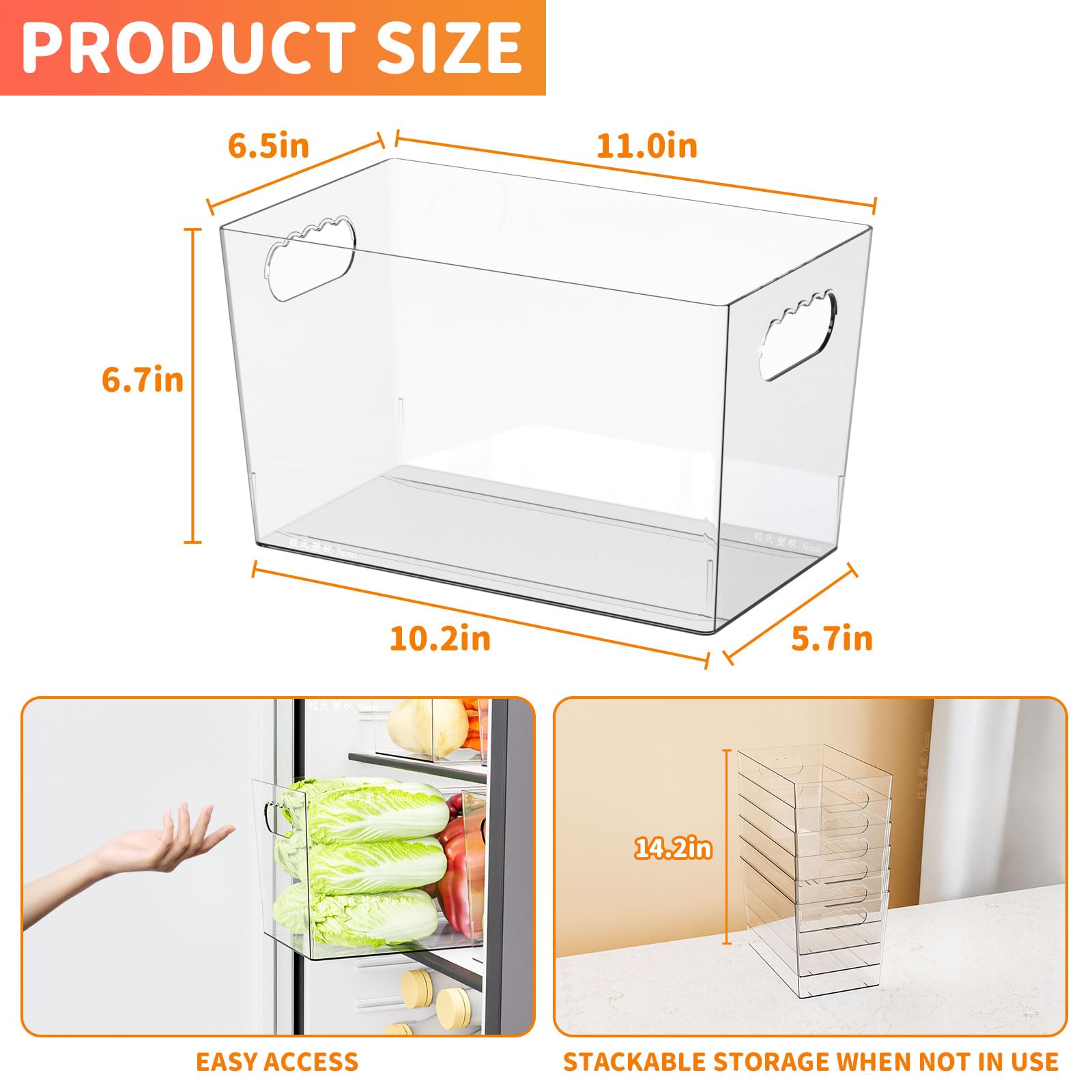 Paquete de 6 contenedores de plástico transparente para organizar, con asa, contenedores organizadores grandes de despensa de 11 pulgadas para estantes, aperitivos, alimentos o suministros de limpieza