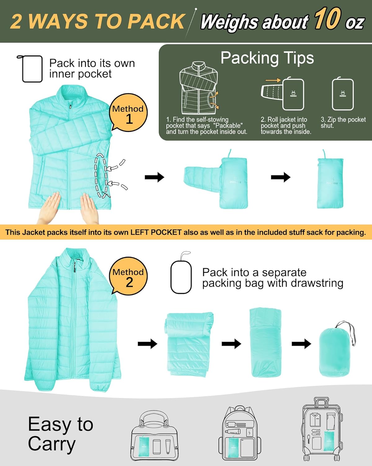 Outdoor Ventures Women's Packable Full-Zip Short Puffer Jacket Insulated Quilted Warm Lightweight Winter Coat - Image 2