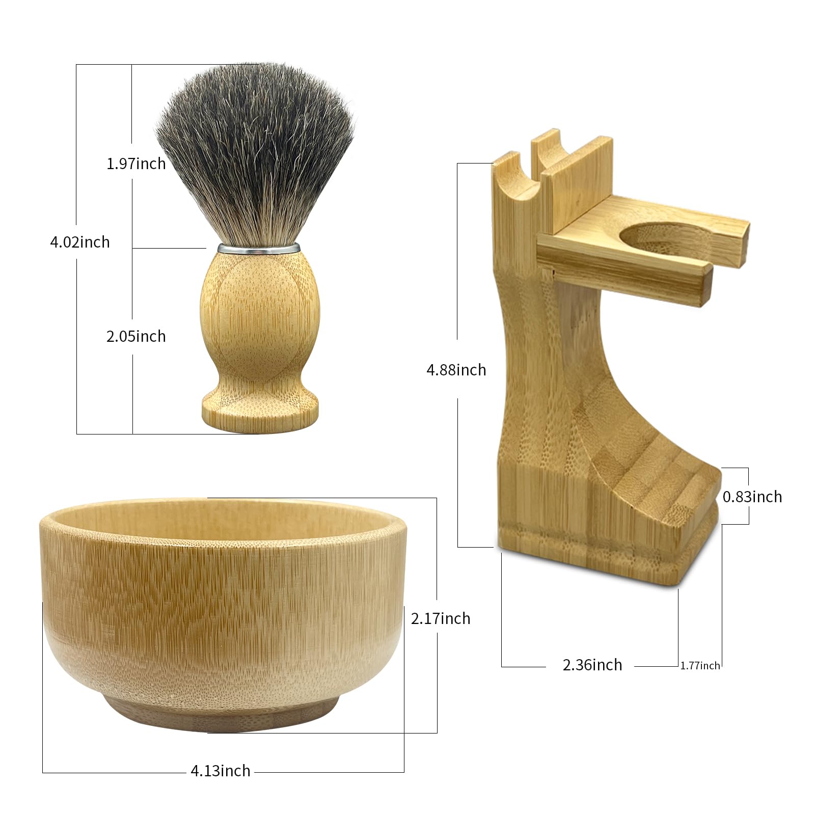 Kikc Set di pennelli da barba, pennello da barba in tasso puro e ciotola in bambù con supporto da barba 2 in 1, kit completo da barba da uomo, manico in bambù ecologico, ciotola per schiuma e supporto