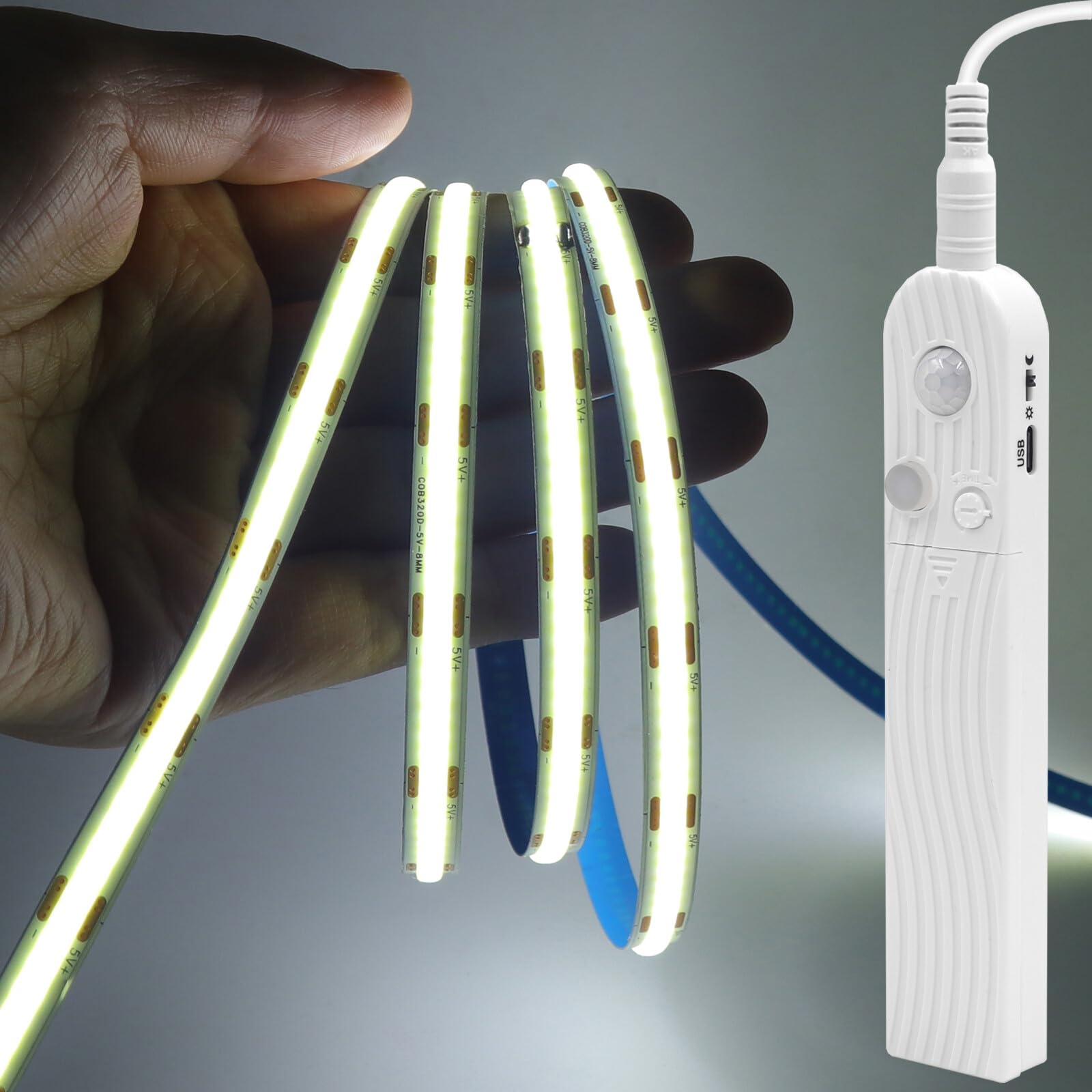 GQL Motion Sensor COB LED Strip Lights - PIR 5V Battery or USB Powered, Self-Adhesive for Closet Wardrobes Cabinets Stairs (Cold White, 3m)