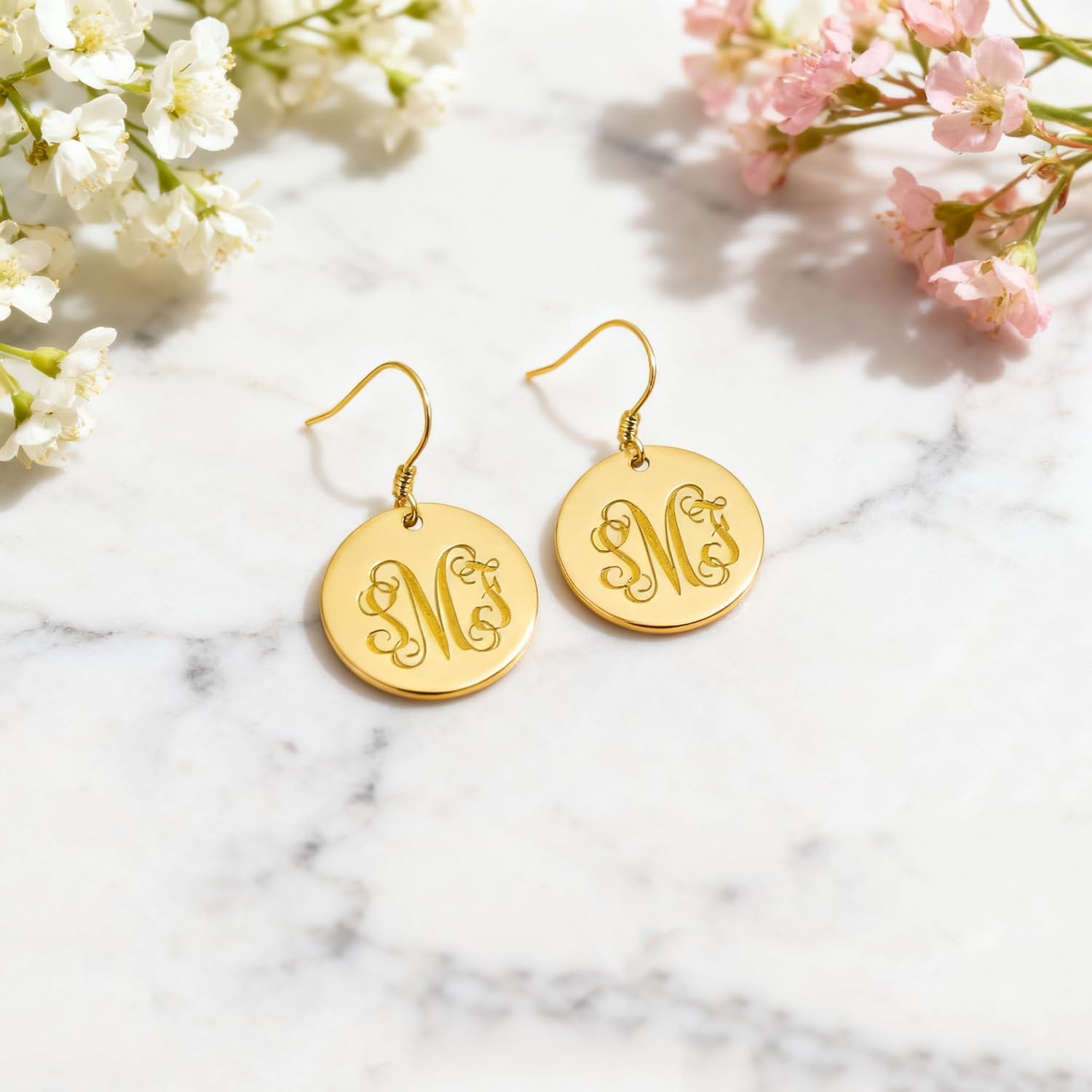 PEIMKO 925 Sterling Silver Disc Signet Monogrammed Earrings Personalized Monogram Engraved Dangle Earrings 3 Letters Drop Earring for Women
