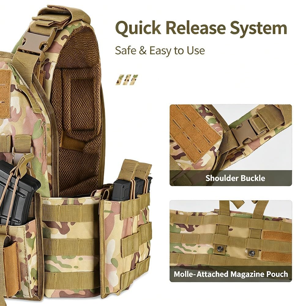 Chaleco Táctico Airsoft,Ajustable con Sistema MOLLE y Liberación Rápida, Chaleco Ligero y Transpirable con Bolsillos Modulares para Paintball Senderismo Caza Camping Outdoor