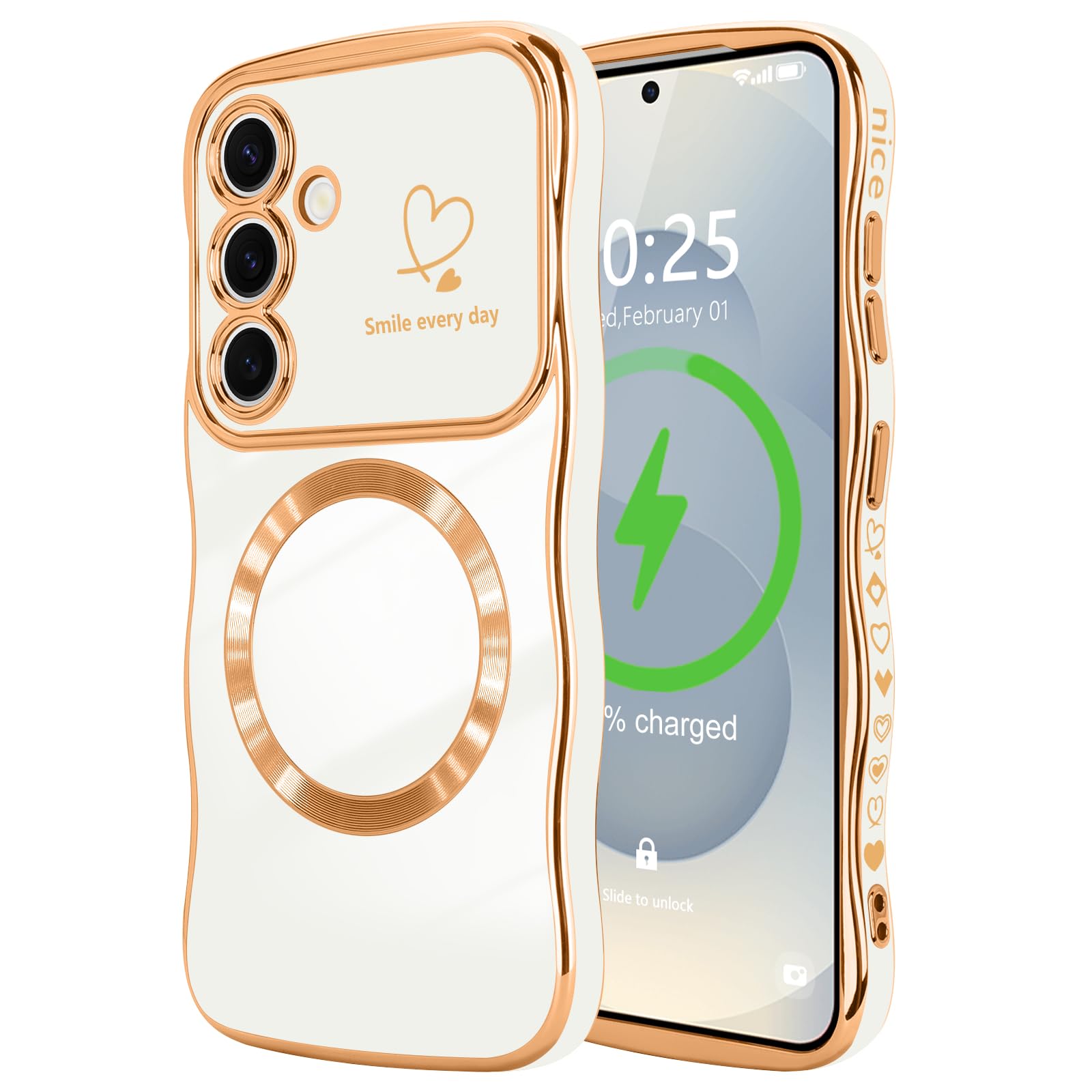 LCHULLE for Samsung Galaxy S25 Case for Women Girls [Compatible with MagSafe] Cute Curly Wave Shape, Magnetic Love Heart Pattern with Camera Lens