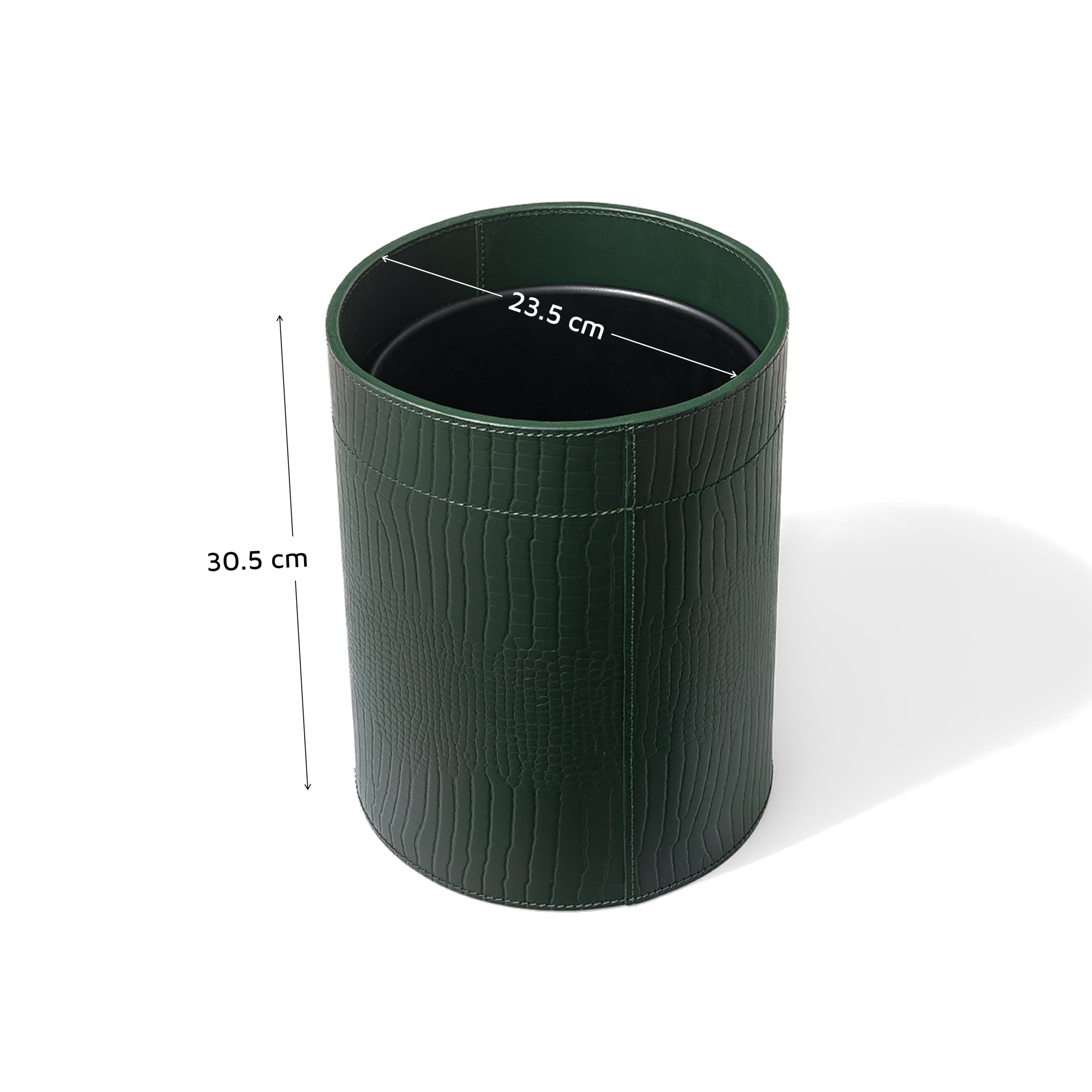 Sterling Green Round Leather Waste Bin – Handcrafted Recycled Leather Trash Can with Metal Inner, 23.5 cm – Premium Decorative Office & Home Basket 1