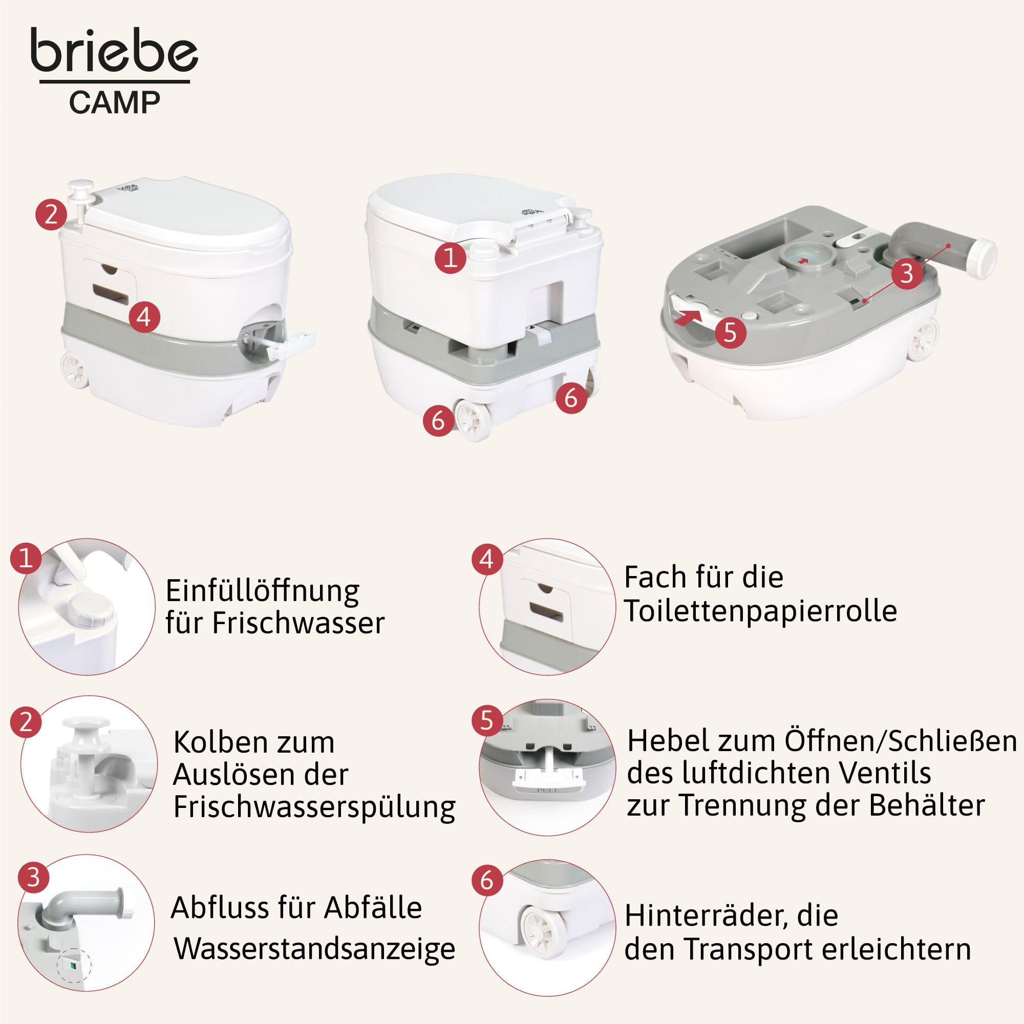 briebe Camp Campingtoilette, Rollen Tragbare Toilette 22L Abwassertank