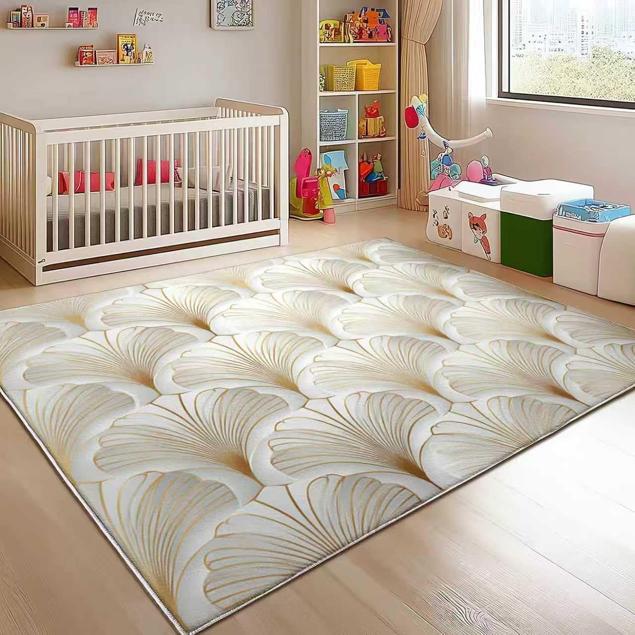 Luxury Shell Pattern Area Rug, Cream and Gold Seashell Design, Modern Living Room Carpet with Textured Fan Motif