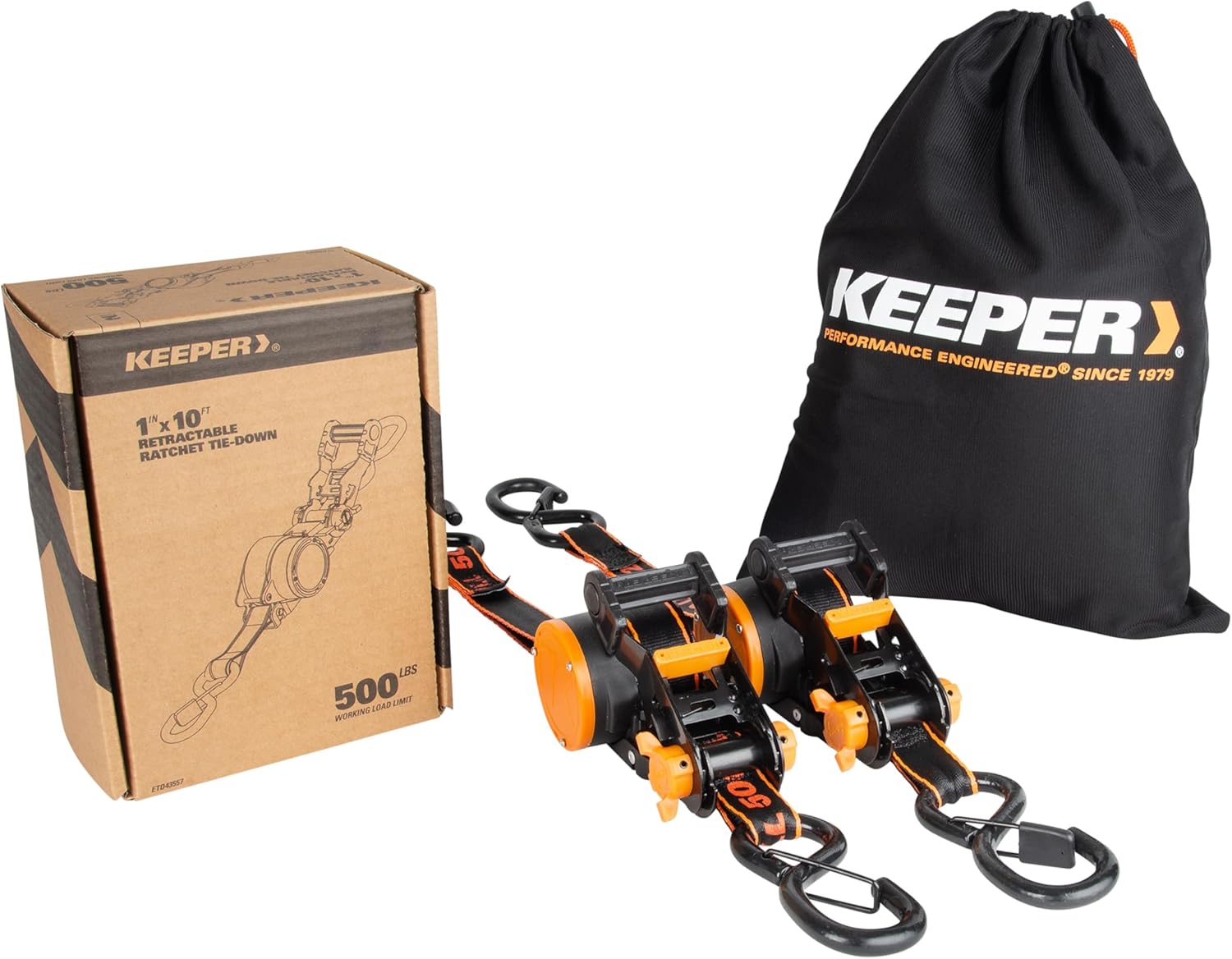 Keeper 2-Pack Retractable Ratchet Tie Down Straps – 1" x 10' Auto-Retract for Motorcycles, ATVs, UTVs, Moving & Trailer Loads – Safety Brake, Split Drum, 500 lbs WLL, S-Hooks with Clips
