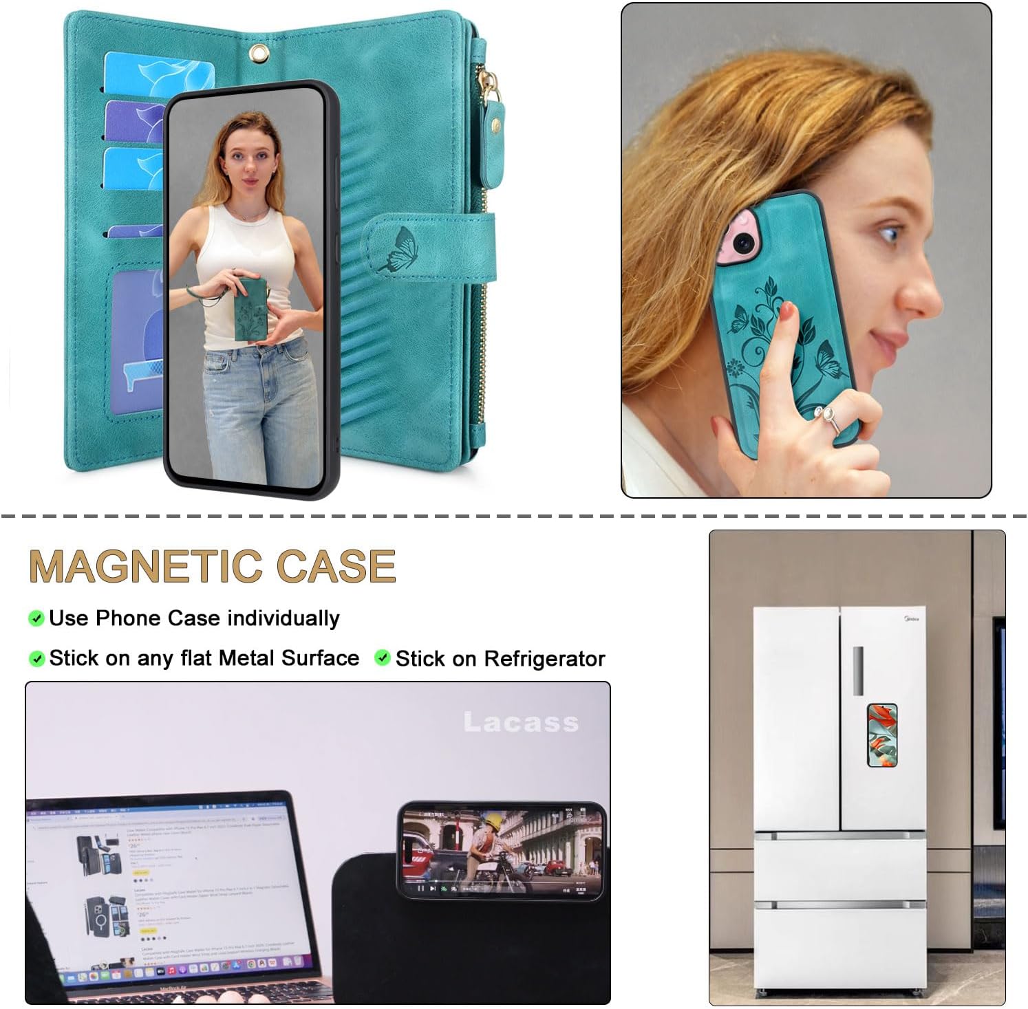 Lacass Compatible with iPhone 14 / iPhone 13 6.1 inch Case [ Card Slots] ID Credit Cash Holder Zipper Pocket Detachable Magnet Leather Wallet Cover with Wrist Strap Lanyard(Floral Blue Green)