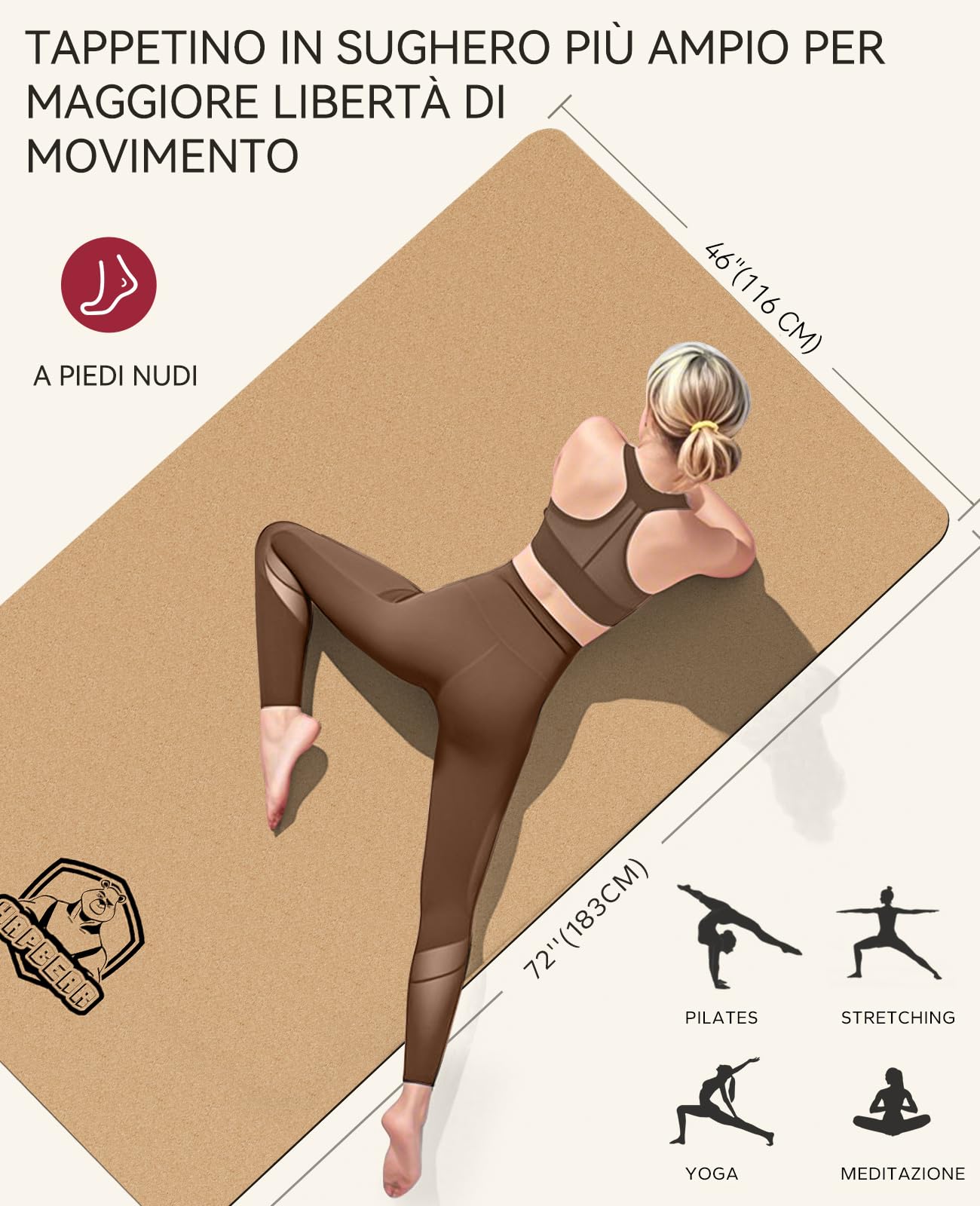 HAPBEAR Tappetino da Yoga in Sughero/Gomma/PU Antiscivolo - 183 x 76/92/116 cm - 100% Naturale e Resistente Tappetino da Ginnastica per Yoga e Pilates - Bande di resistenza e custodia di trasporto