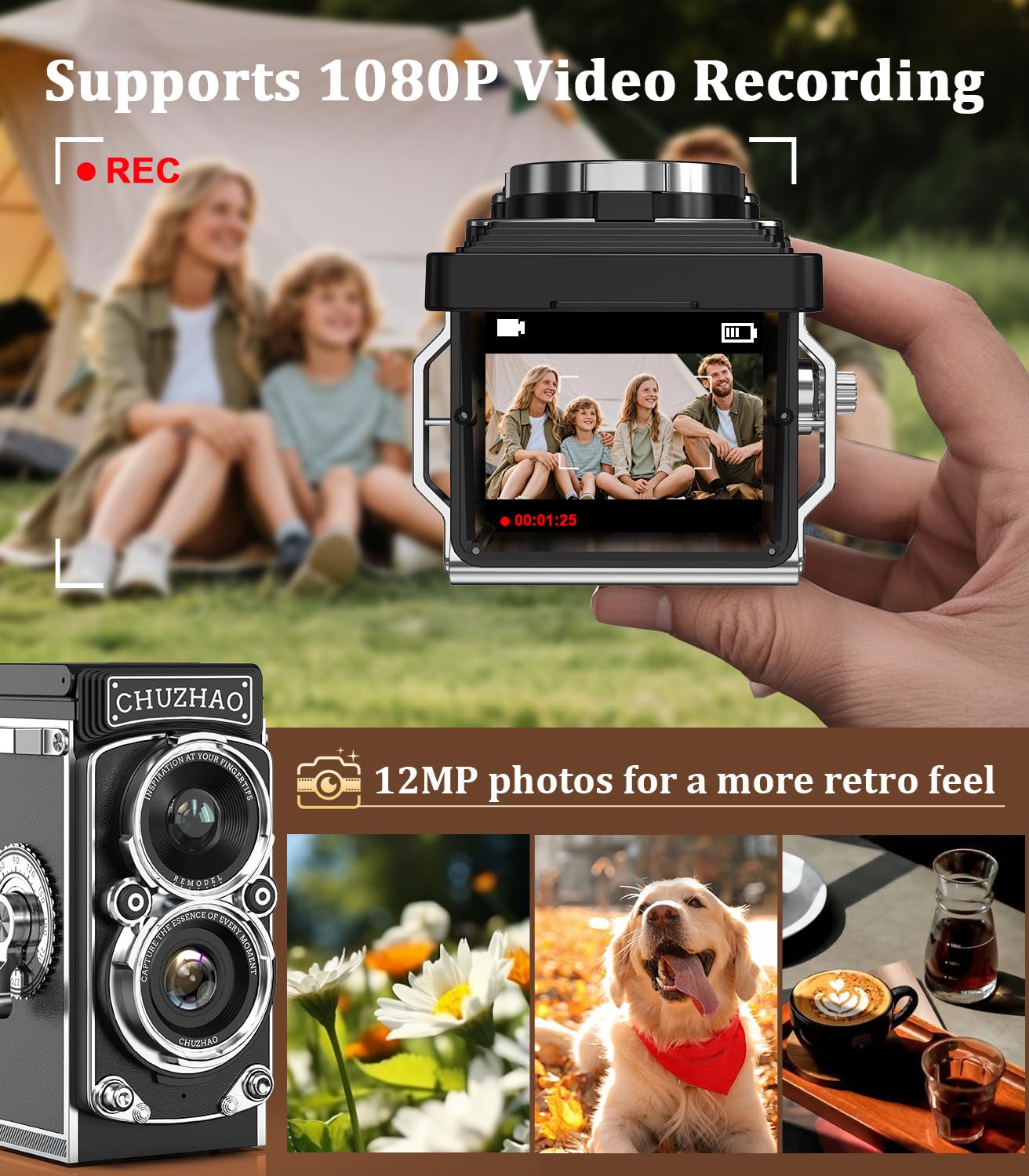 Mini cyfrowy aparat w stylu retro, 1080p FHD, z kartą pamięci 16 GB, 12 MP autofokus, dla początkujących, nastolatków, dorosłych i dzieci