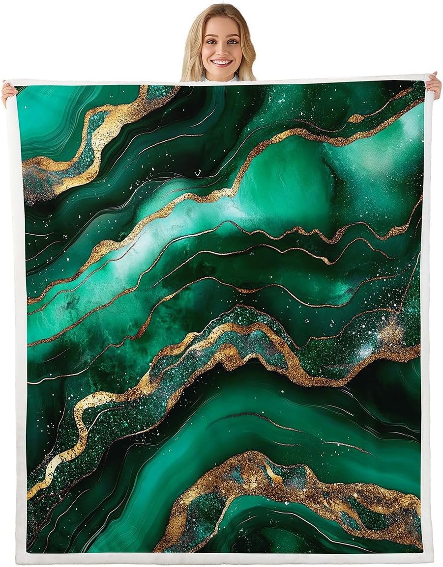 Feelyou Green Marble Sherpa Blanket Plush Fuzzy Modern Marble Aesthetic Fleece Throw Blanket Boys Girls Gold Glitter Marbling for Bed Couch Chair Living Room Luxury Bedroom Decor Queen 90"x90"