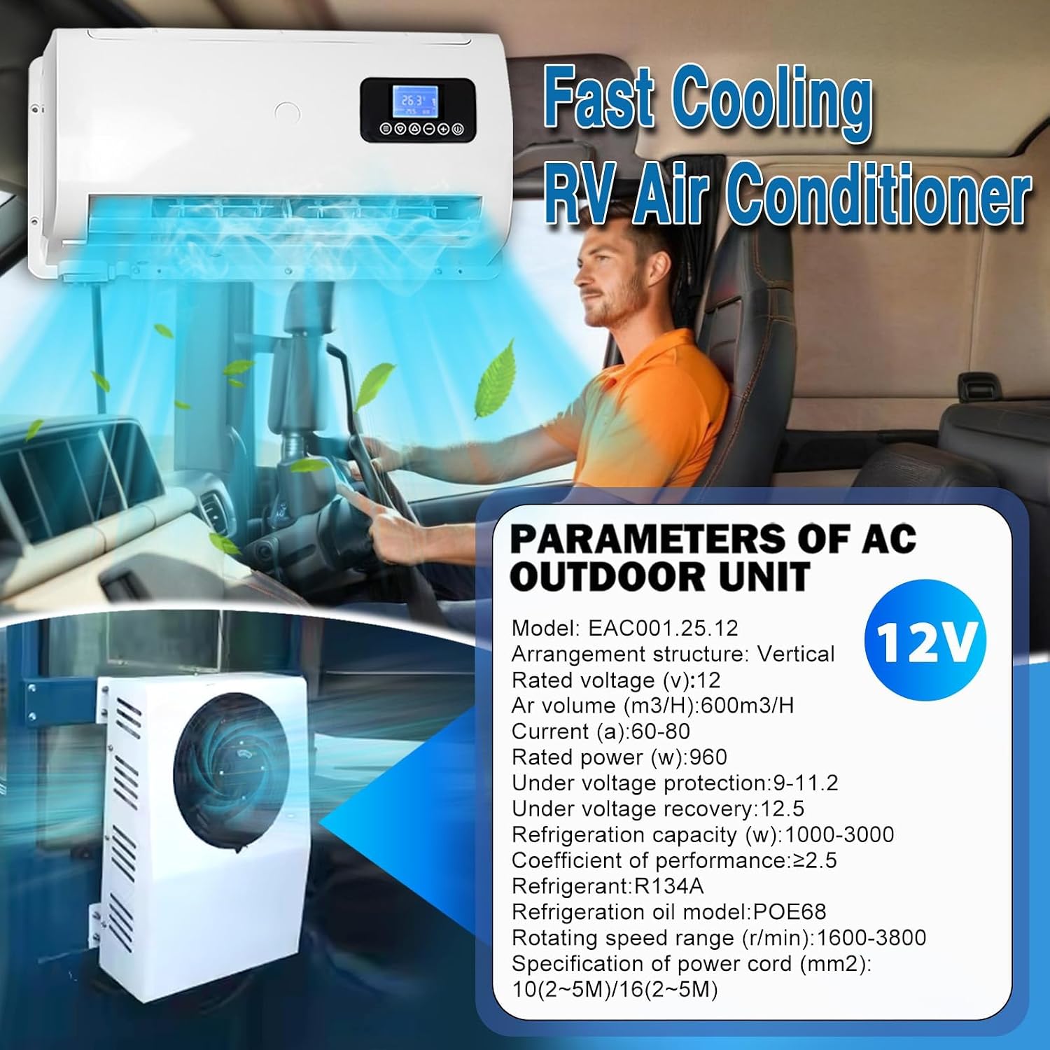 12V 10000BTU RV Air Conditioner, 12 Volt mini electric split air conditioning, Simple Installation Low-Noise Powerful Cooling AC Unit for Truck, Camper, Trailer and Caravan