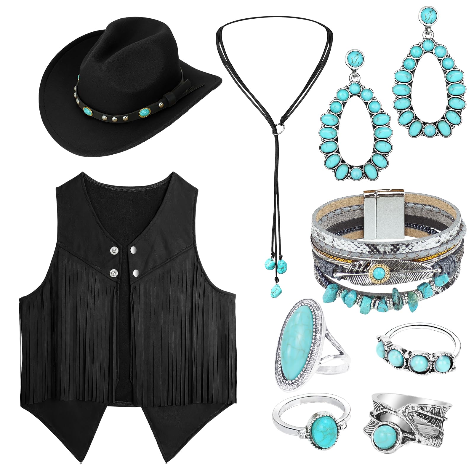 HFZCV 9Pcs Western Cowgirl Costume for Women - 70s Hippie Fancy Dress Set with Tassel Vest, Cowboy Hat & Vintage Disco Accessories for Halloween Carnival Cosplay Party(Black, M)