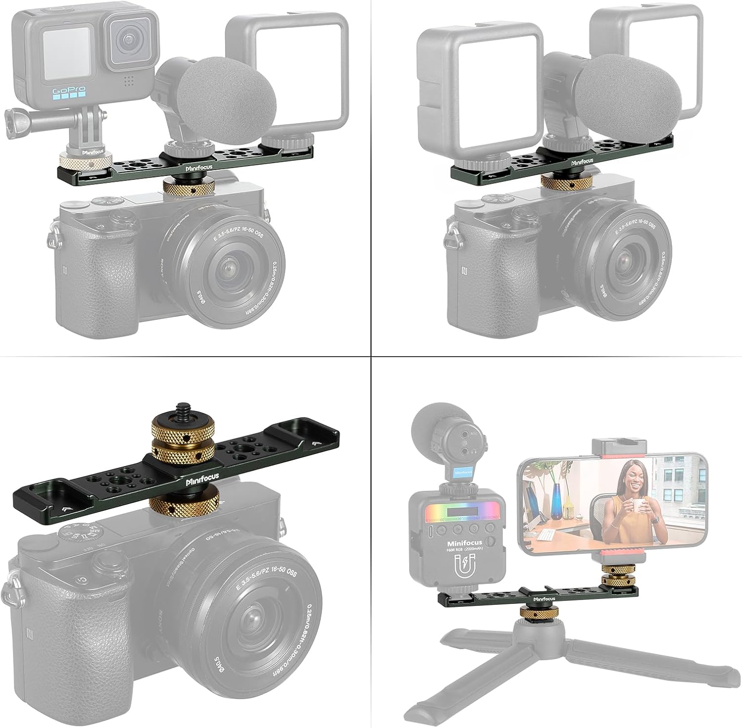 MINIFOCUS Triple Cold Shoe Extension Bar & Camera Hot Shoe Mount Adapter