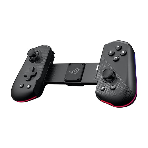 ASUS ROG Tessen Mobile Controller, unique foldable design, programmable aluminum rear paddles, ROG Button, mechanical switches, console-grade joysticks, 18-watt passthrough charging, and RGB lighting