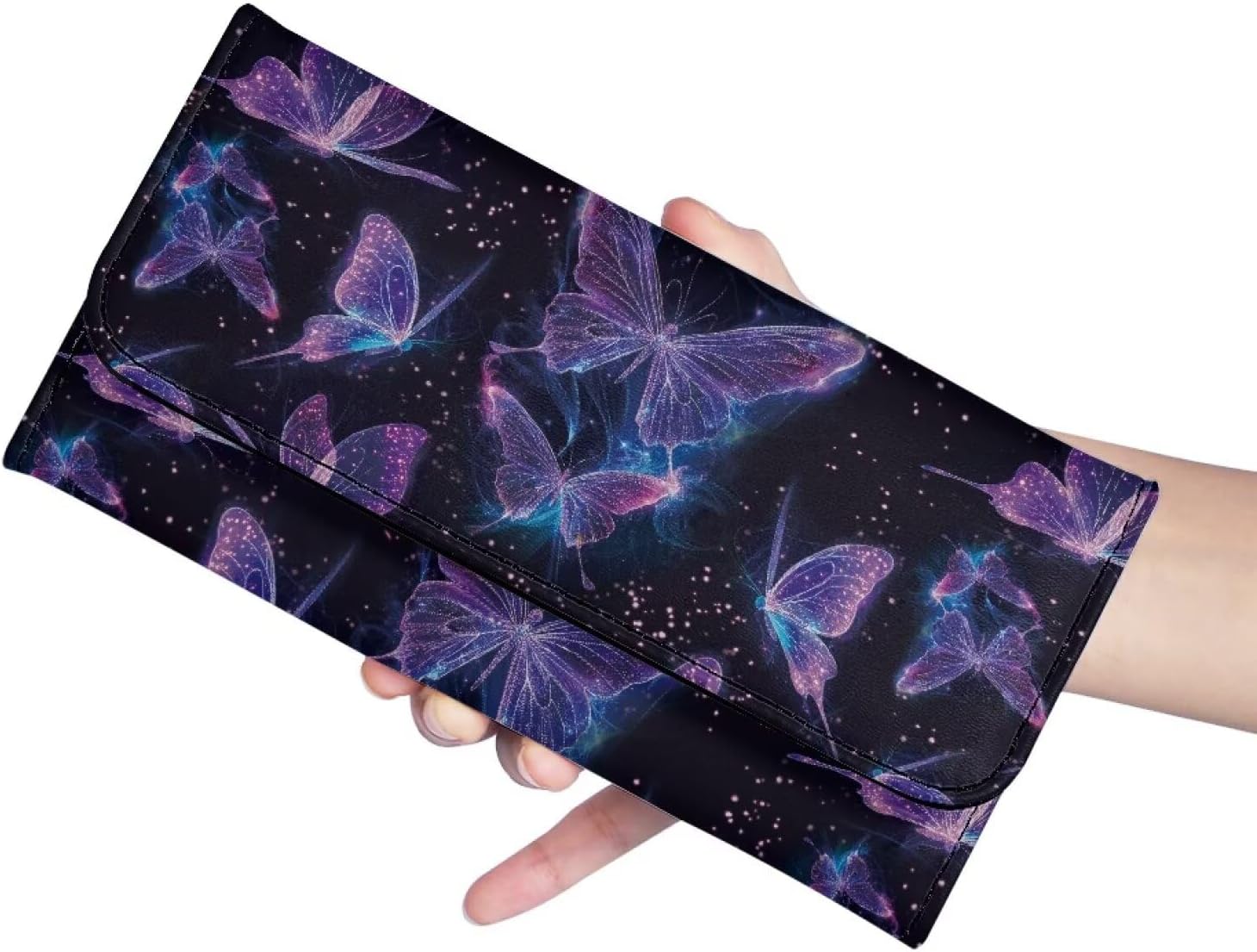AFPANQZ Galaxy Butterfly Womens Wallets, Leather Trifold Multi Card Holder Slots Wallet, Elegant Clutch Long Purse for Women Ladies Travel Purses with Phone Holder Zip Coin Pocket, Purple Black - Image 5