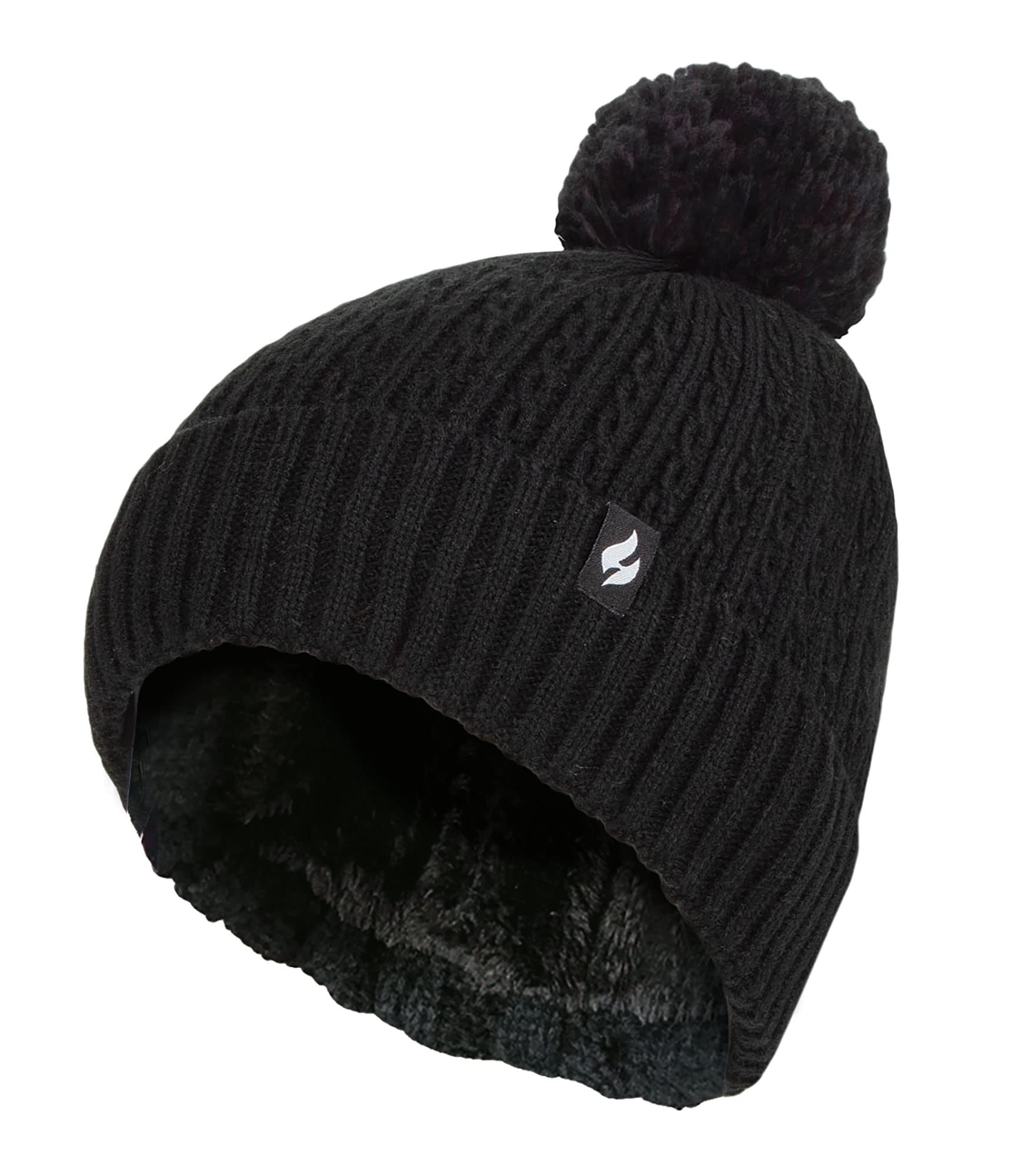 Heat Holders Women's Winter Ribbed Thermal Cable Knit Beanie Pom Pom Hat in Black