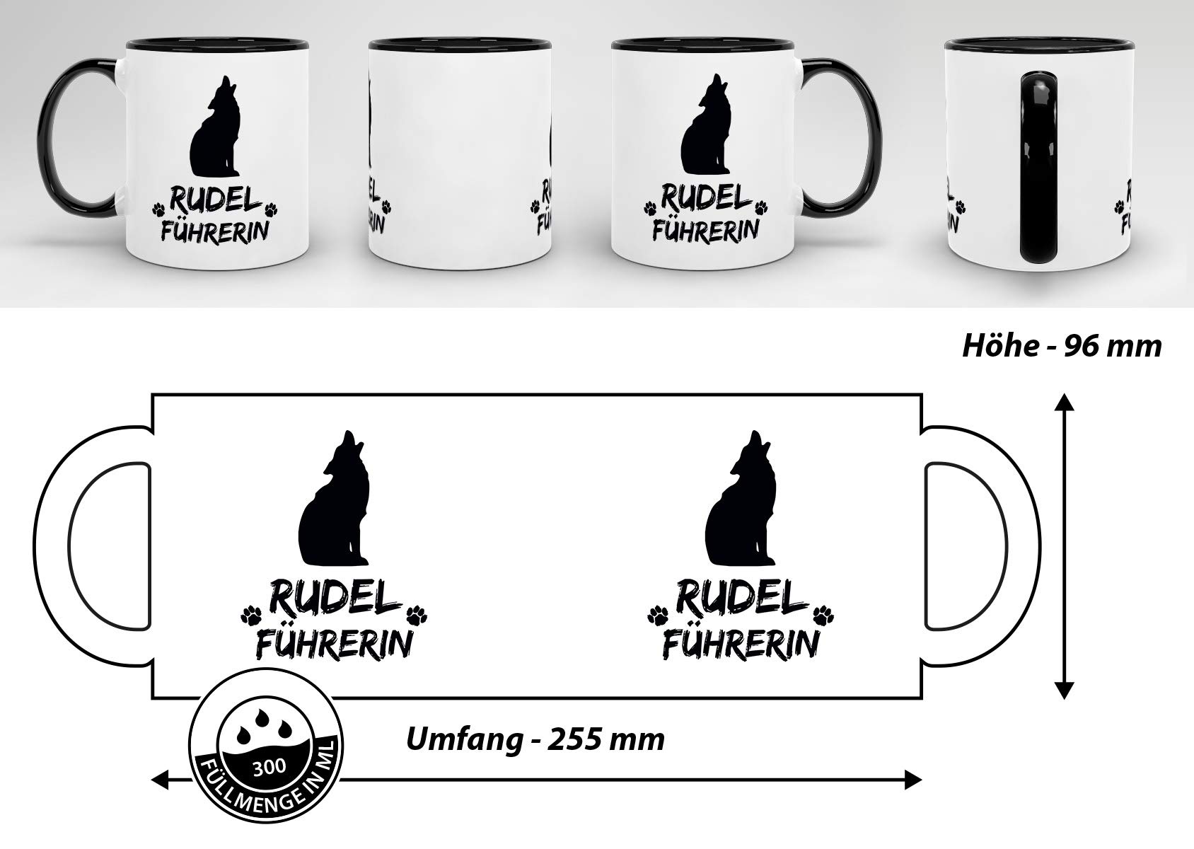 Wolf-Tasse „Rudelführerin“ – Schwarzer Druck Innen & Am Henkel, Hochwertige Keramik
