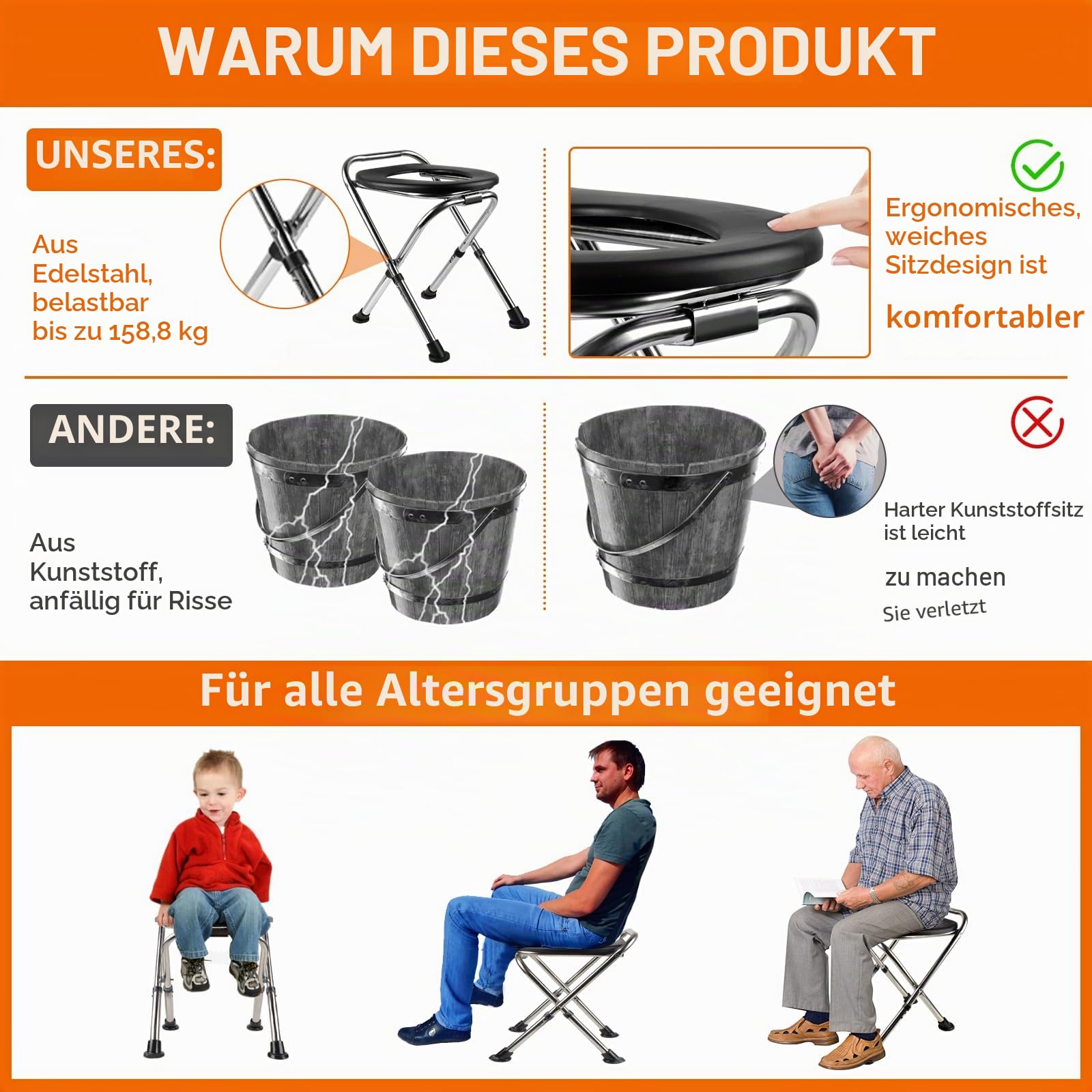 Tragbare Toilette, Outdoor-Camping-Toilette, Reise-WC, Edelstahl, tragbare Toilette (schwarz)