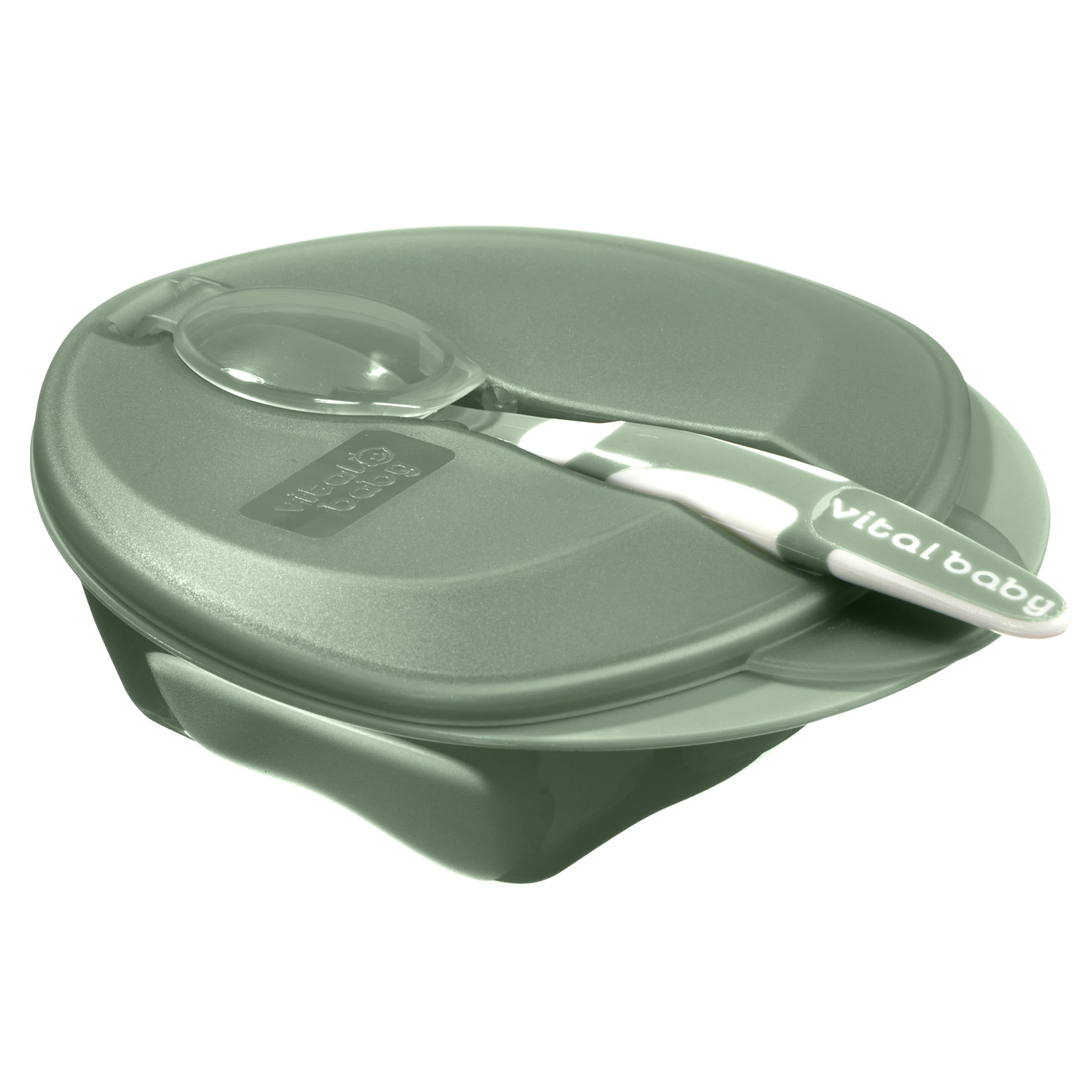 Vital Baby Nourish Weaning Bowl with Lid & Spoon 6m+, Green, Food Mashing Zones, Soft Spoon Tip, EarthSmart Biodegradable, BPA-Free & Portable with Hygienic Spoon Cover