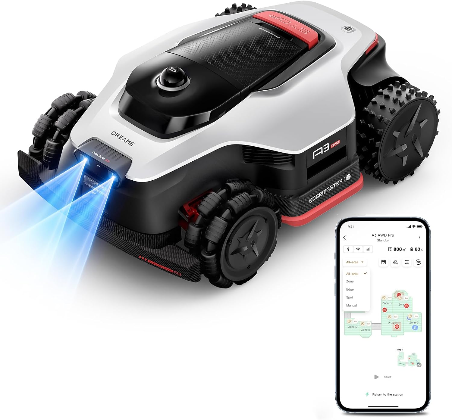 DREAME Robot Lawn Mower A3 AWD Pro Wire Free 4WD, Powerful OmniSense™ 3.0 3D LiDAR + Dual AI Vision,15.7-Inch Dual-Disc Cutting Width + Turf-Safe Robotic Mowers for Complex Terrain Slopes