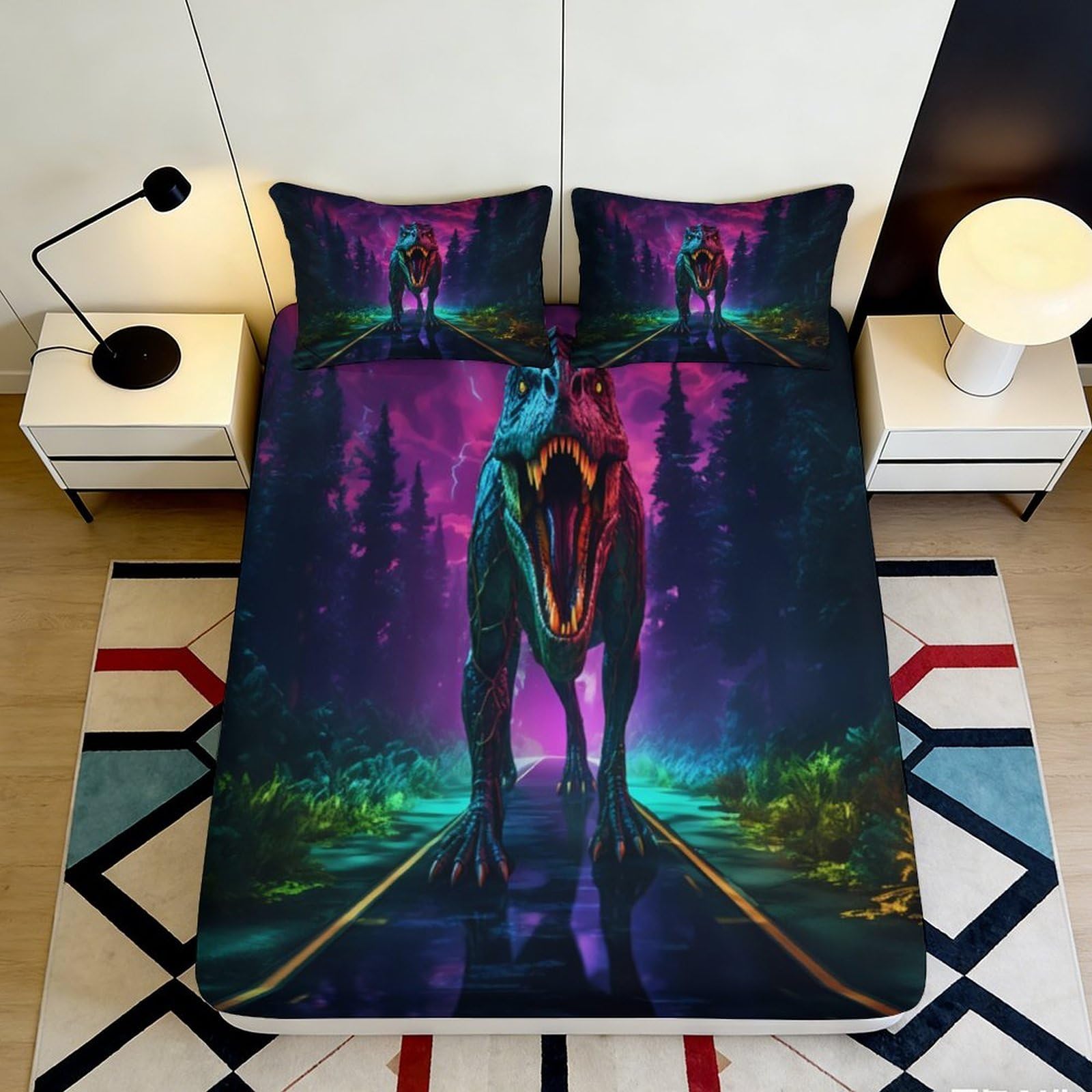 3D Printed Neon Dinosaur Fitted Sheet Microfiber Soft Breathable Forest Bed Cover for Bedroom Guest Room Decor 90x200x25cm